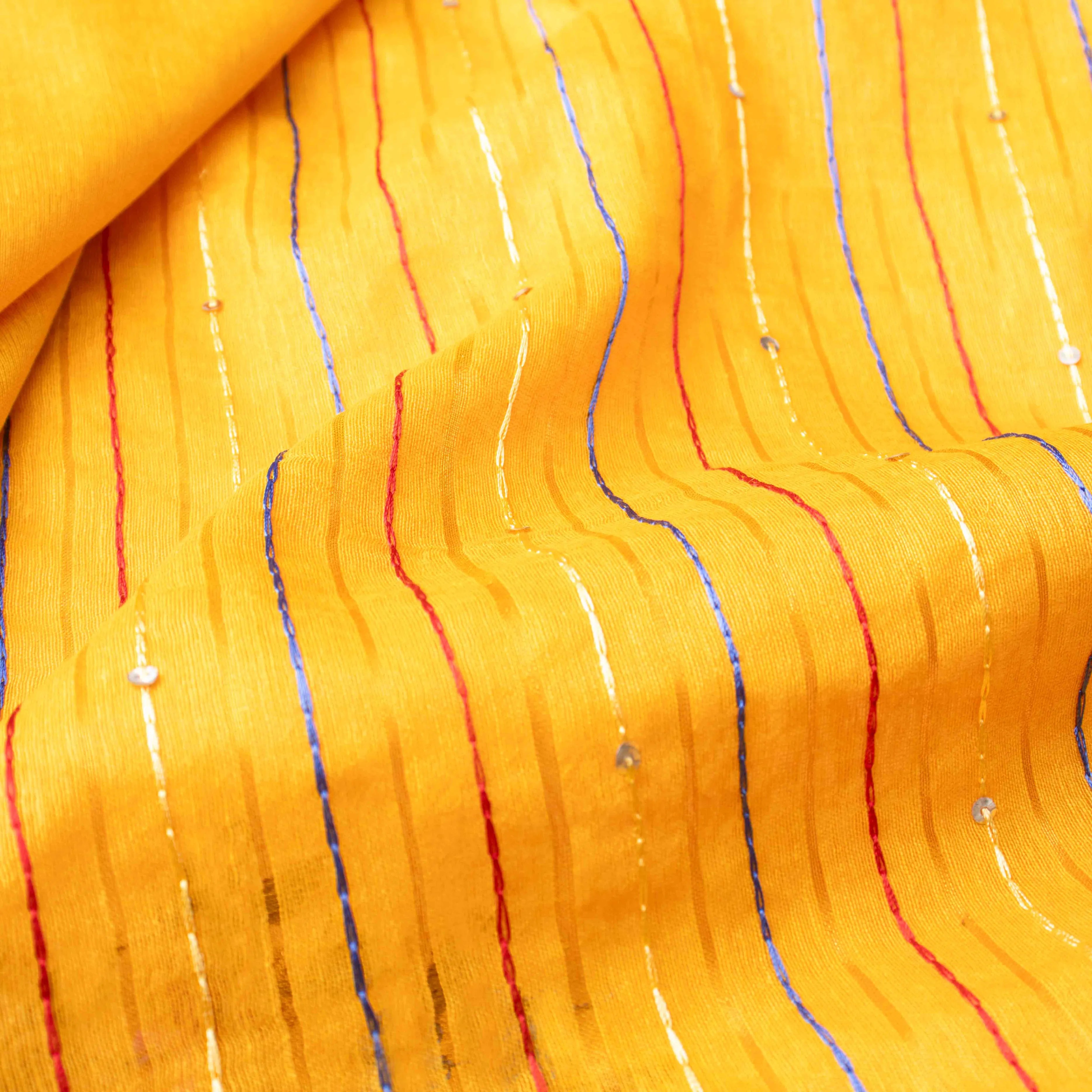 Velvety Linen Silk Saree in Mustard Yellow with Floral Embroidery