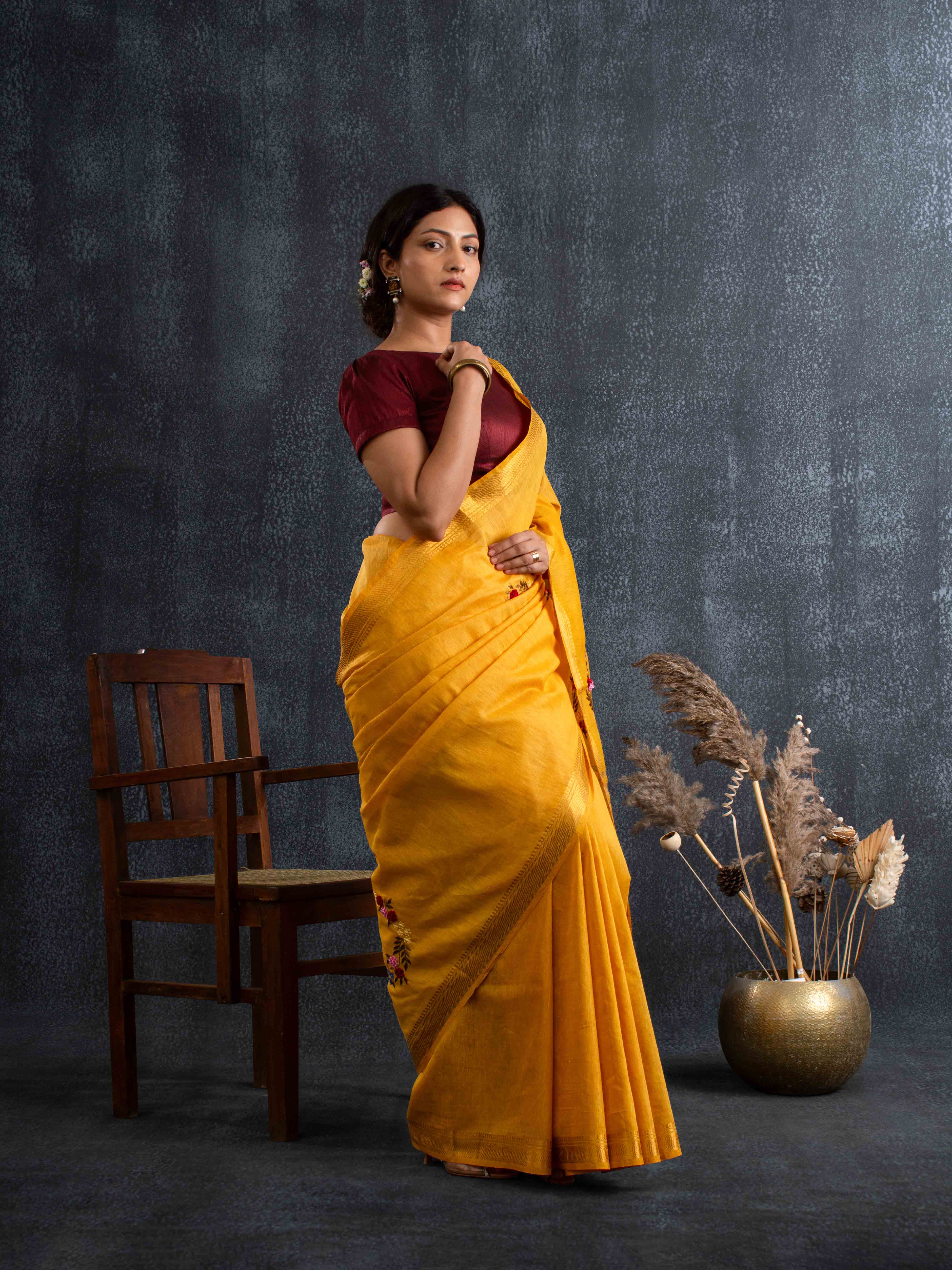 Velvety Linen Silk Saree in Mustard Yellow with Floral Embroidery