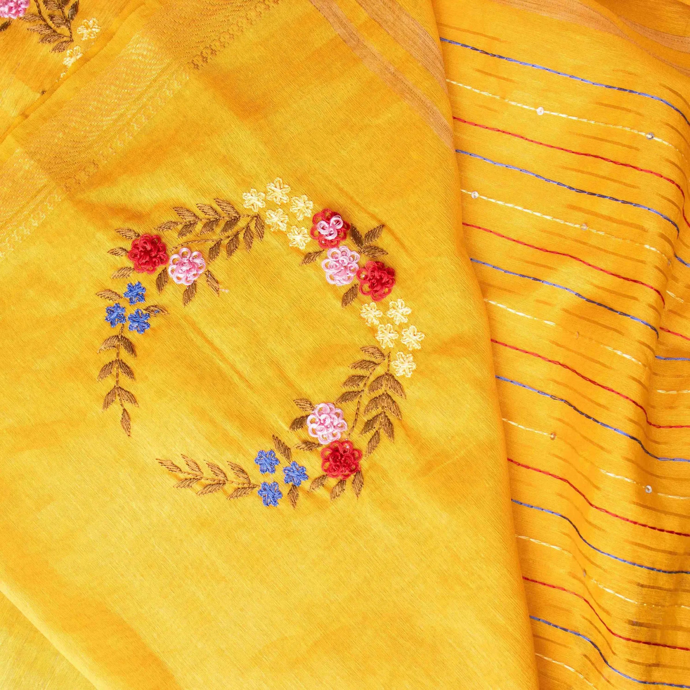 Velvety Linen Silk Saree in Mustard Yellow with Floral Embroidery