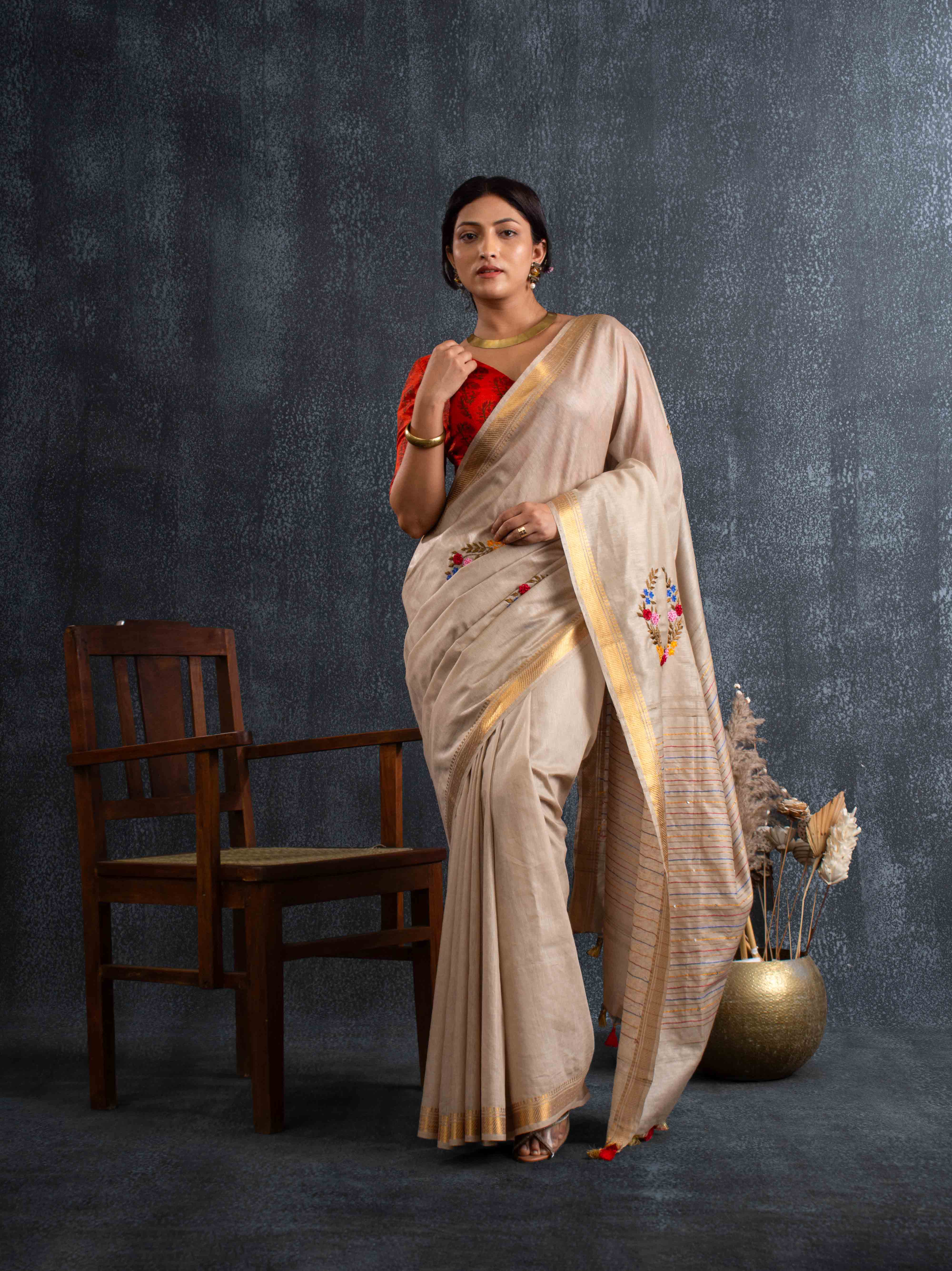 Velvety Linen Silk Saree in Beige with Floral Embroidery