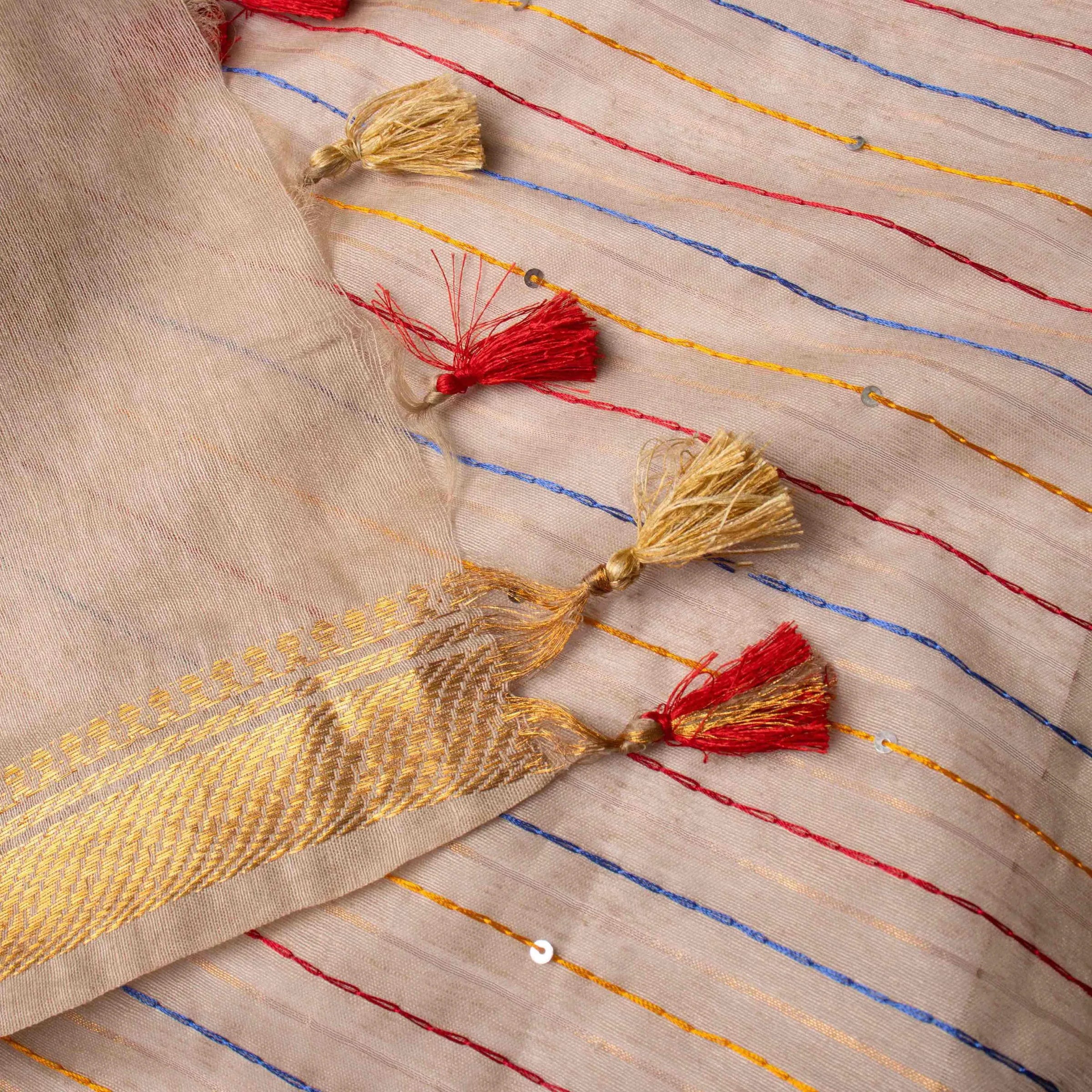 Velvety Linen Silk Saree in Beige with Floral Embroidery