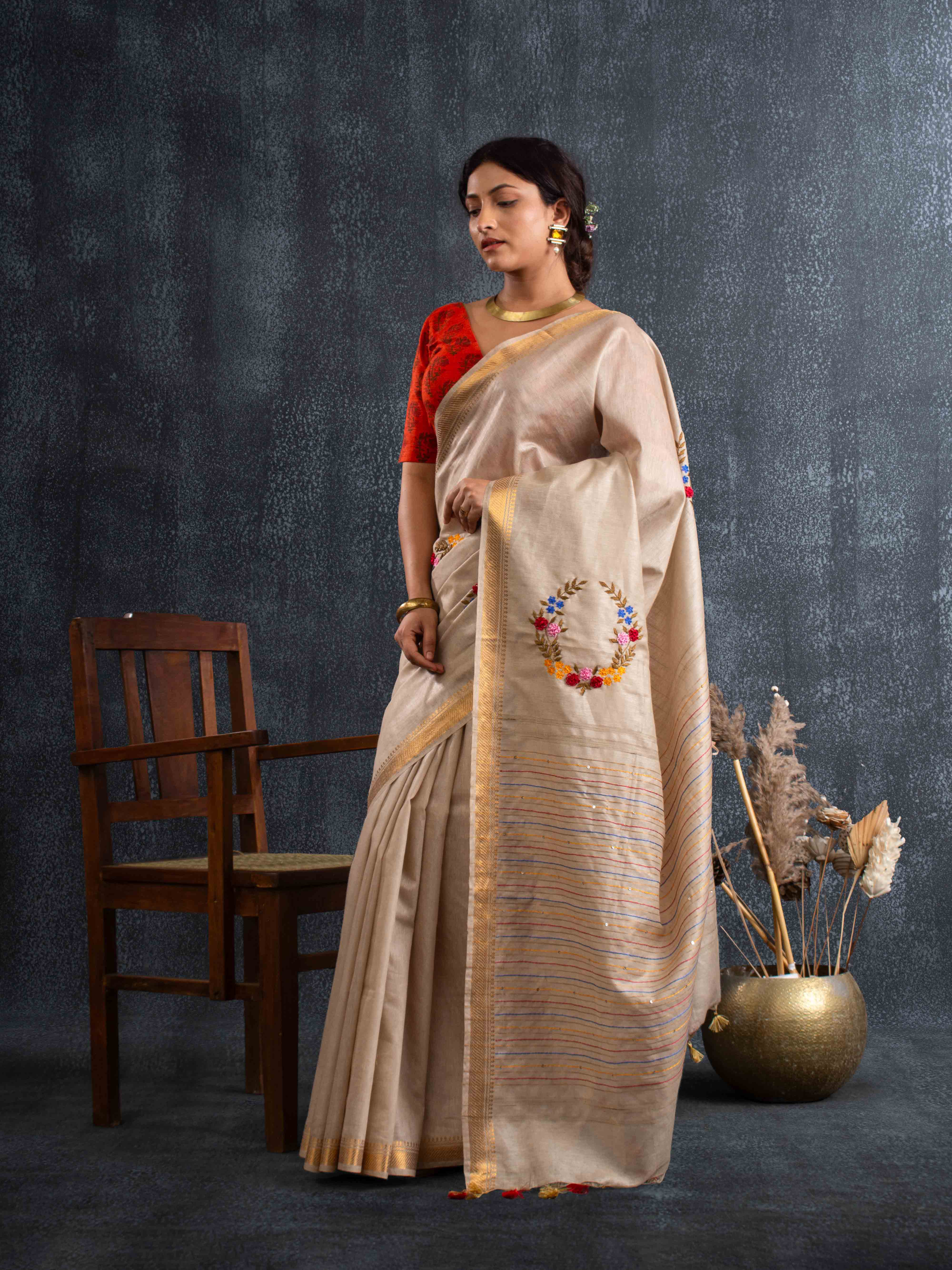 Velvety Linen Silk Saree in Beige with Floral Embroidery