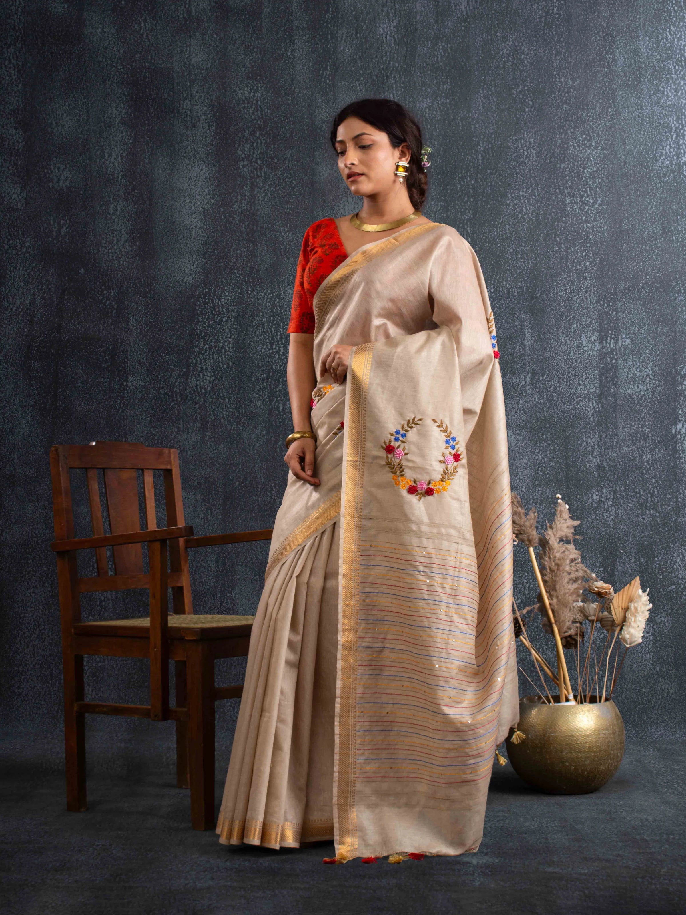 Velvety Linen Silk Saree in Beige with Floral Embroidery