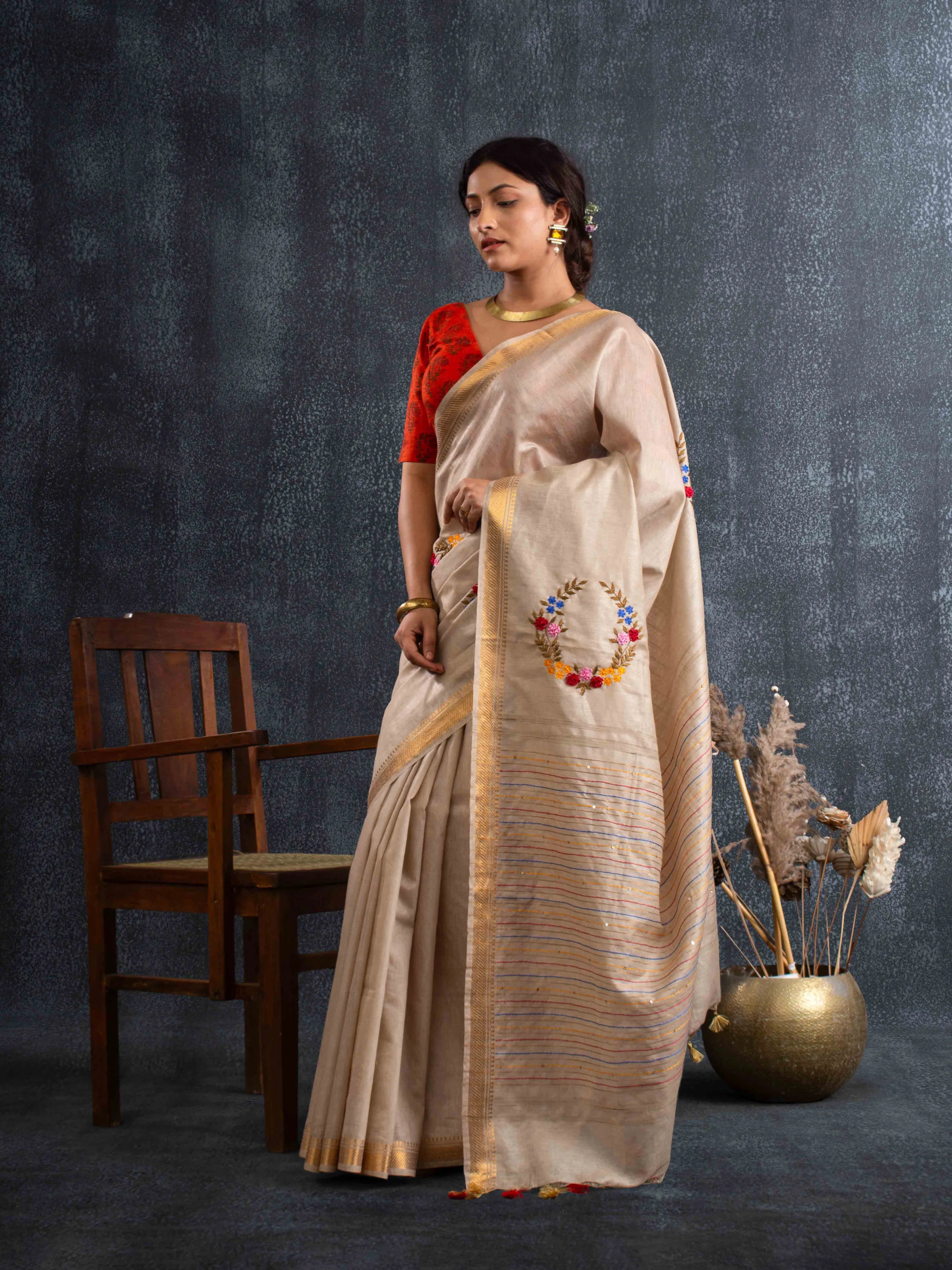 Velvety Linen Silk Saree in Beige with Floral Embroidery