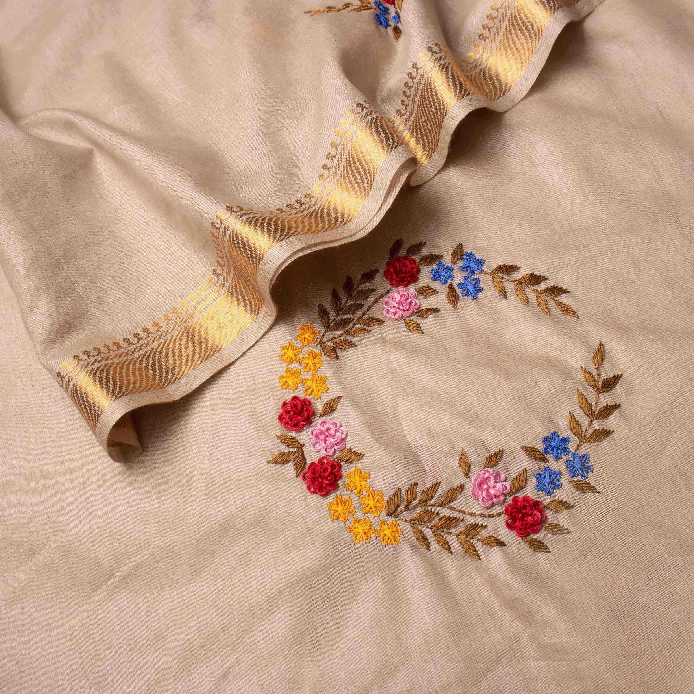 Velvety Linen Silk Saree in Beige with Floral Embroidery