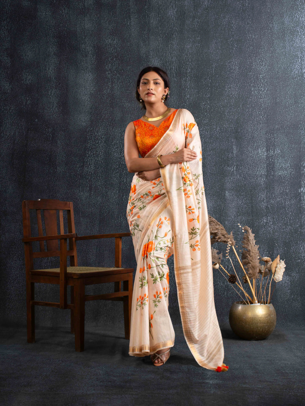Handwoven Plush Silk Linen Embroidered Saree in Beige