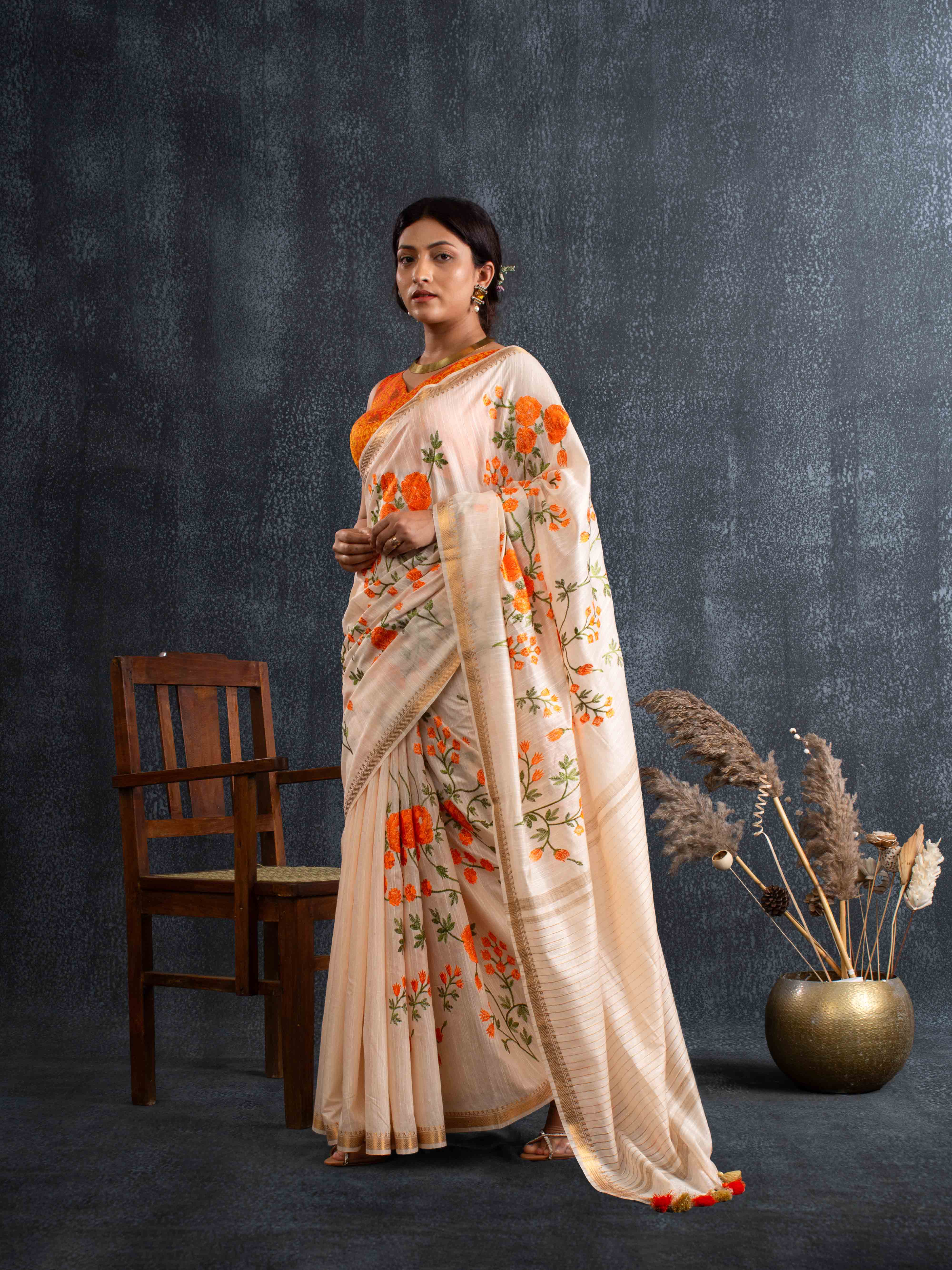 Handwoven Plush Silk Linen Embroidered Saree in Beige