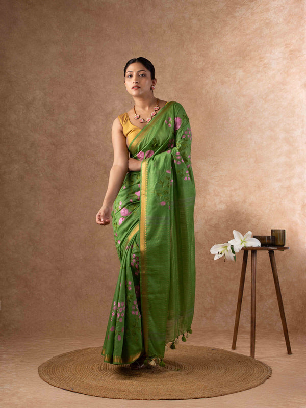Handwoven Plush Silk Linen Embroidered Saree in Olive Green