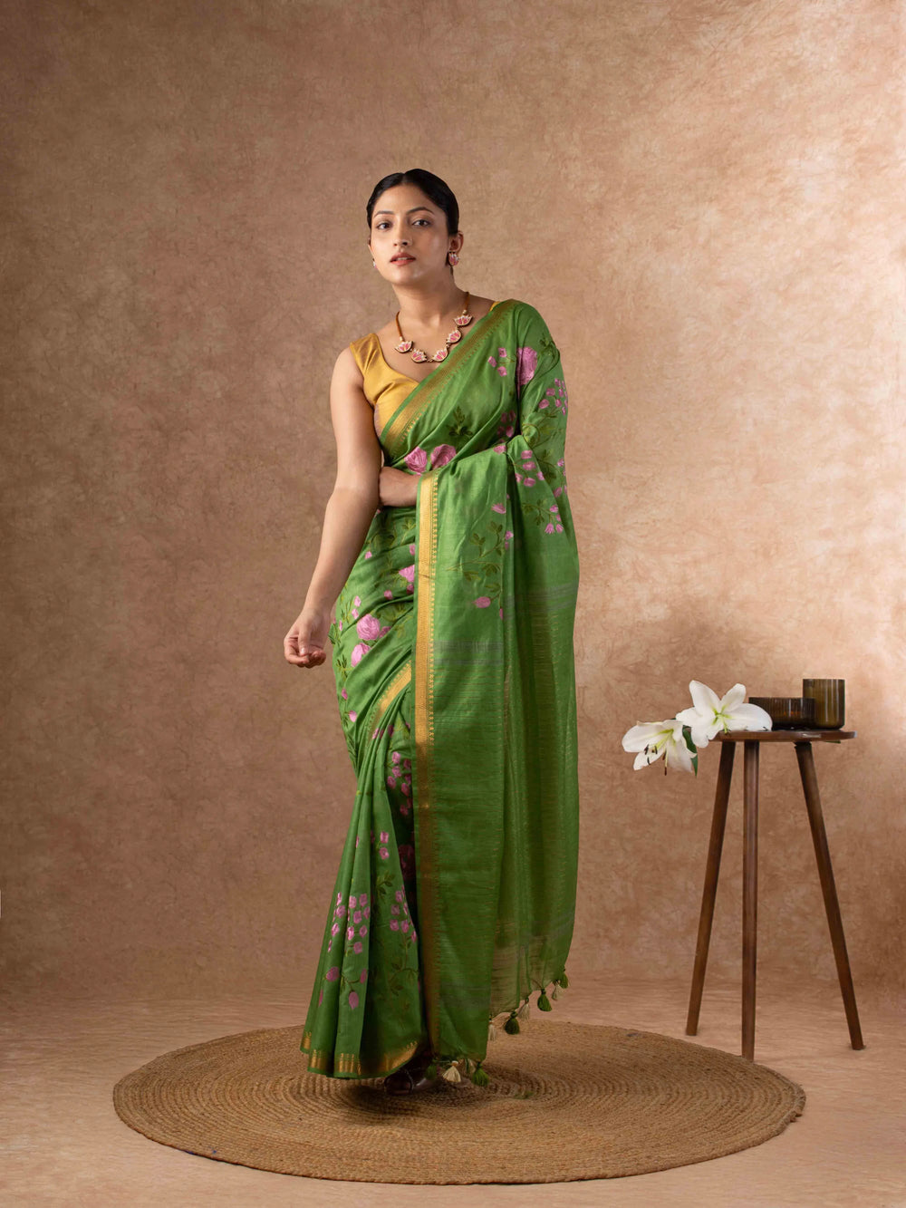 Handwoven Plush Silk Linen Embroidered Saree in Olive Green