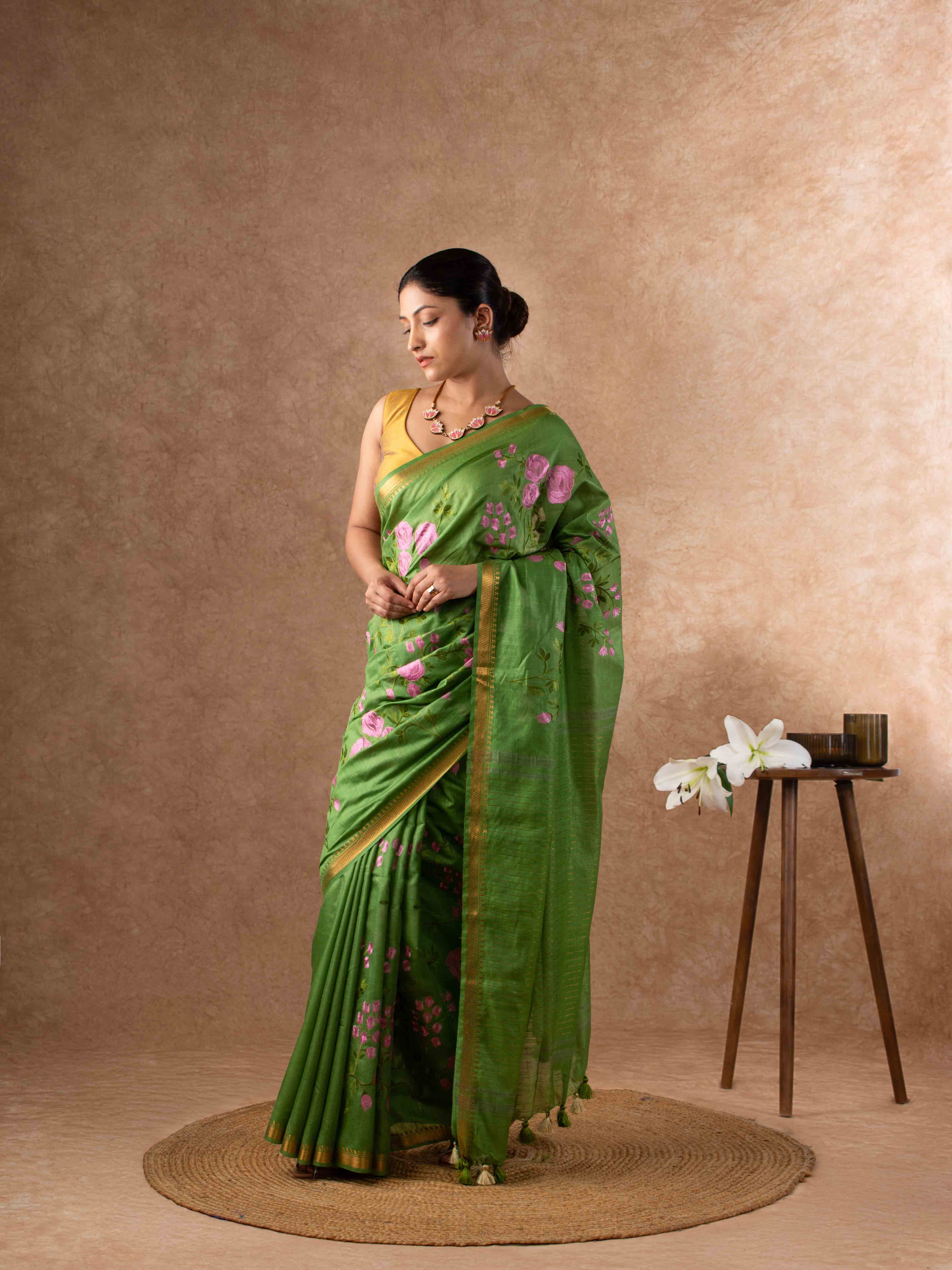 Handwoven Plush Silk Linen Embroidered Saree in Olive Green