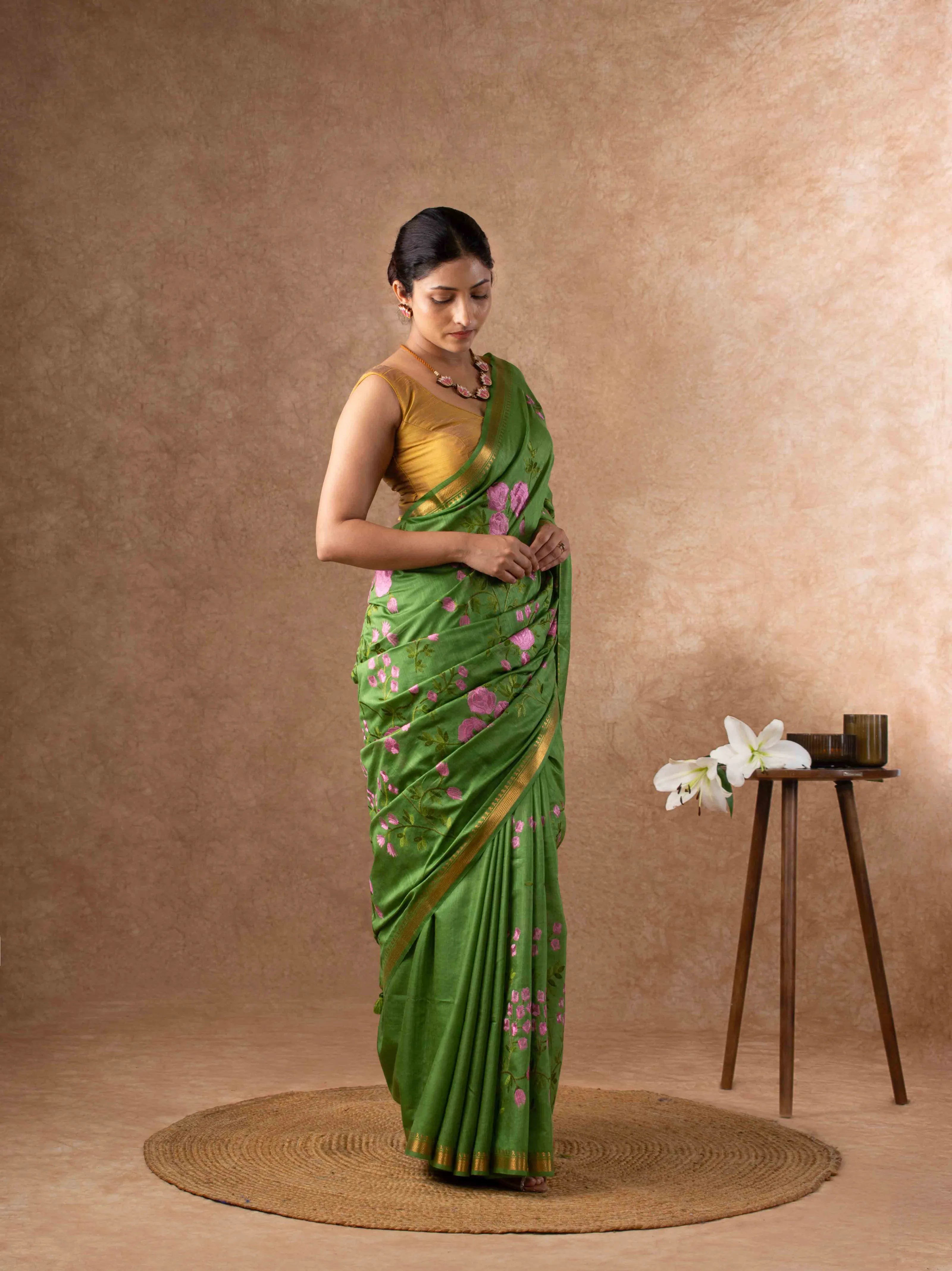 Handwoven Plush Silk Linen Embroidered Saree in Olive Green
