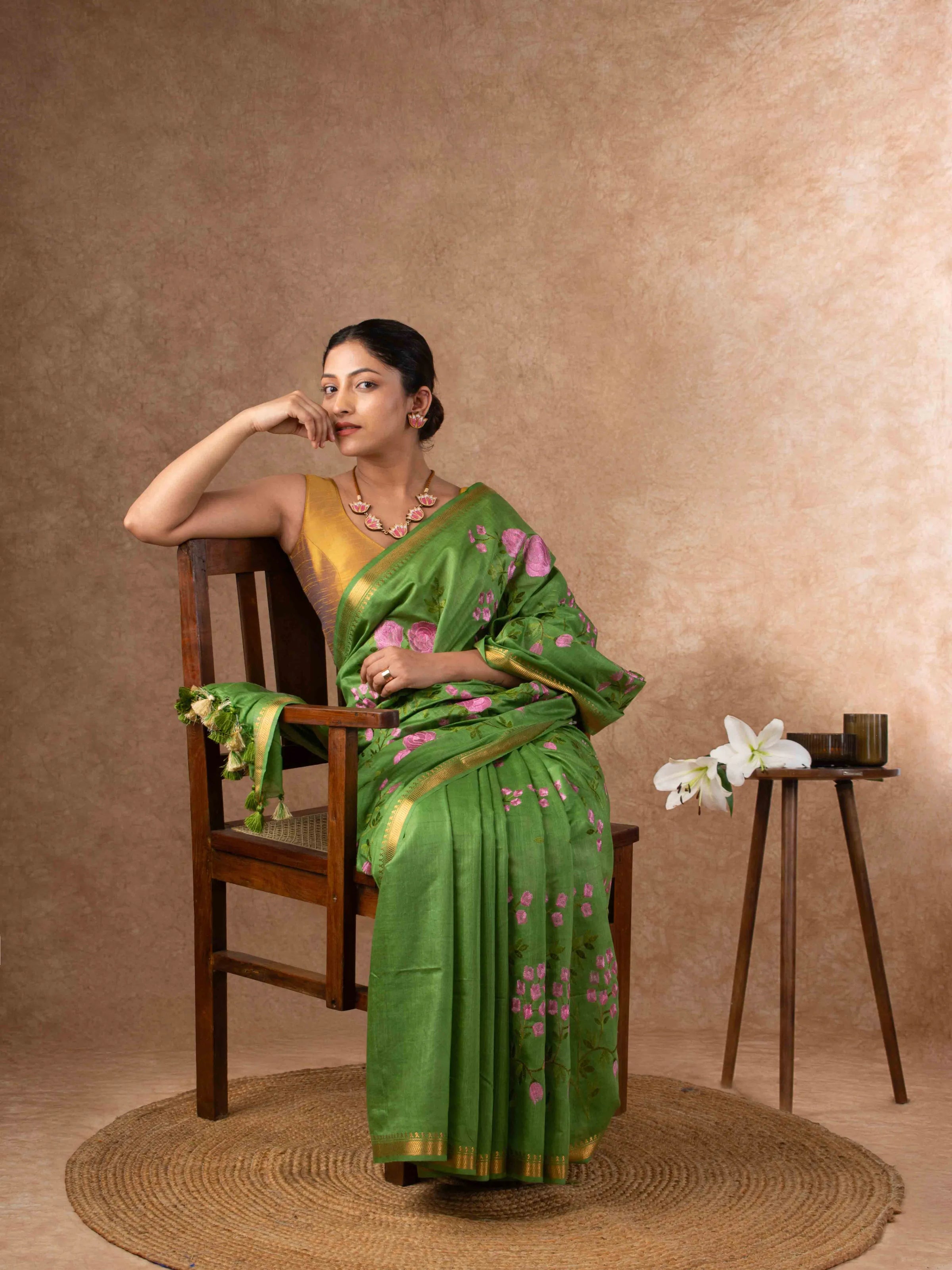 Handwoven Plush Silk Linen Embroidered Saree in Olive Green