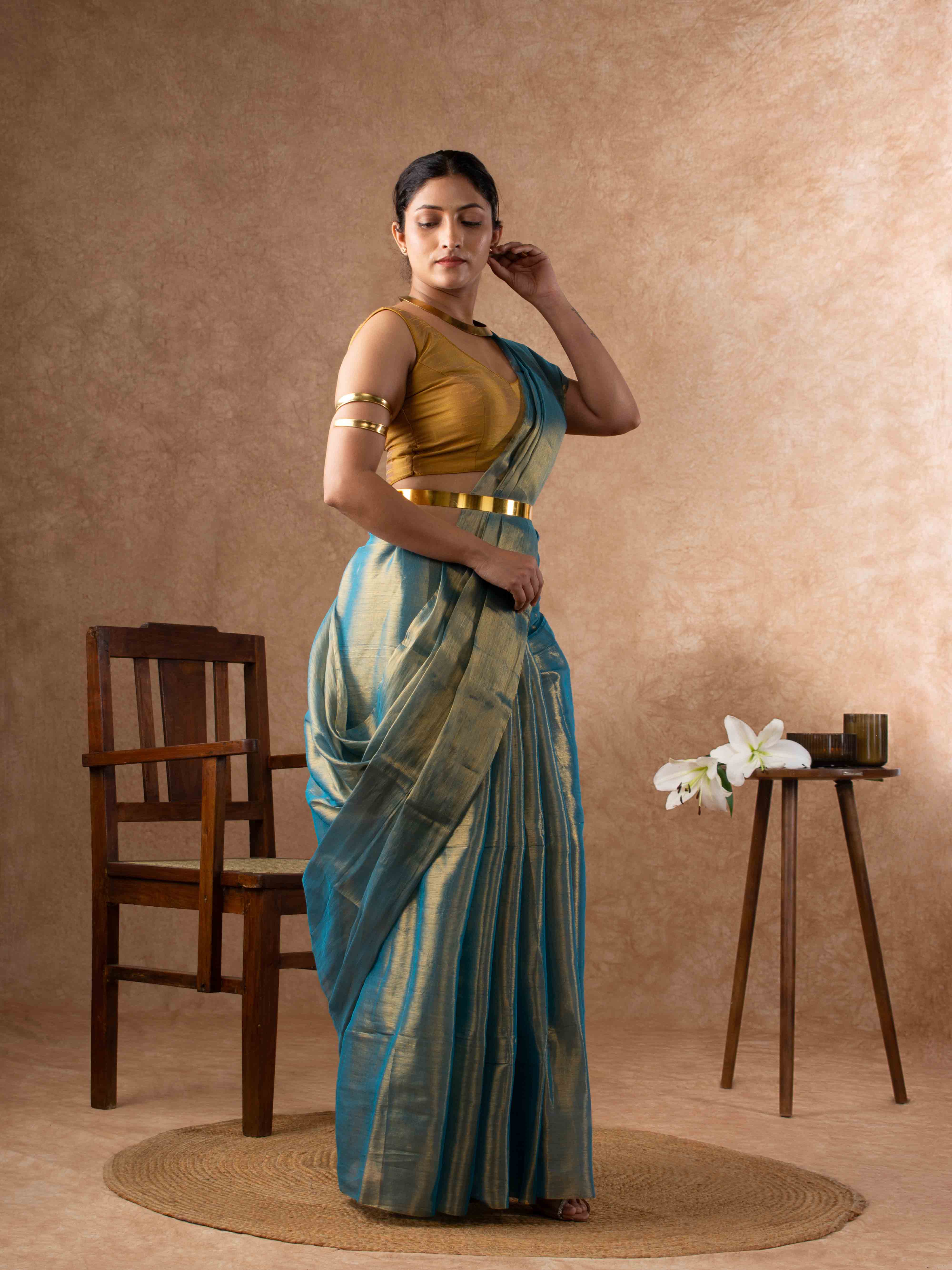 Airy Organic Tissue Silk Saree in Turquoise Green