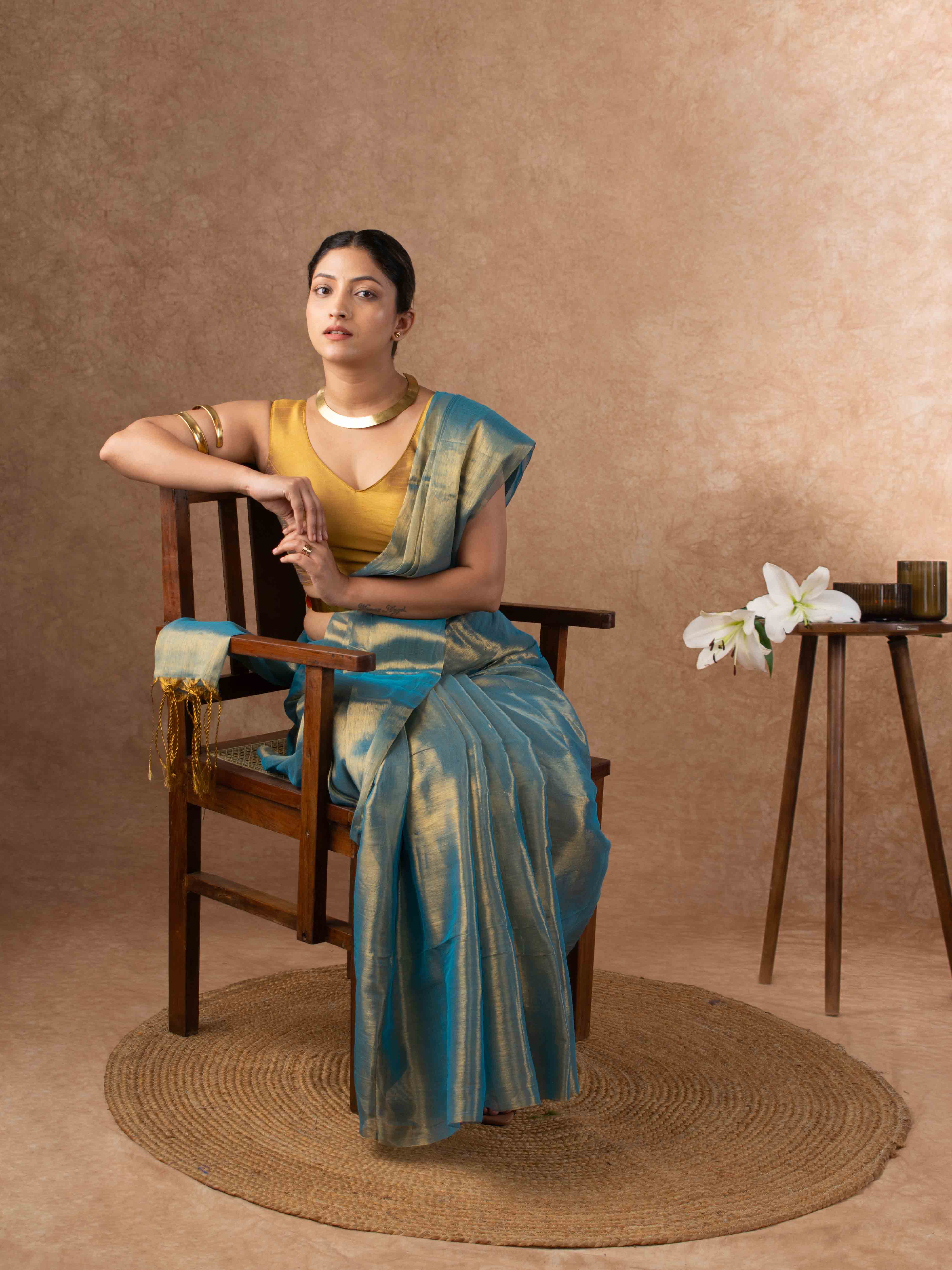 Airy Organic Tissue Silk Saree in Turquoise Green