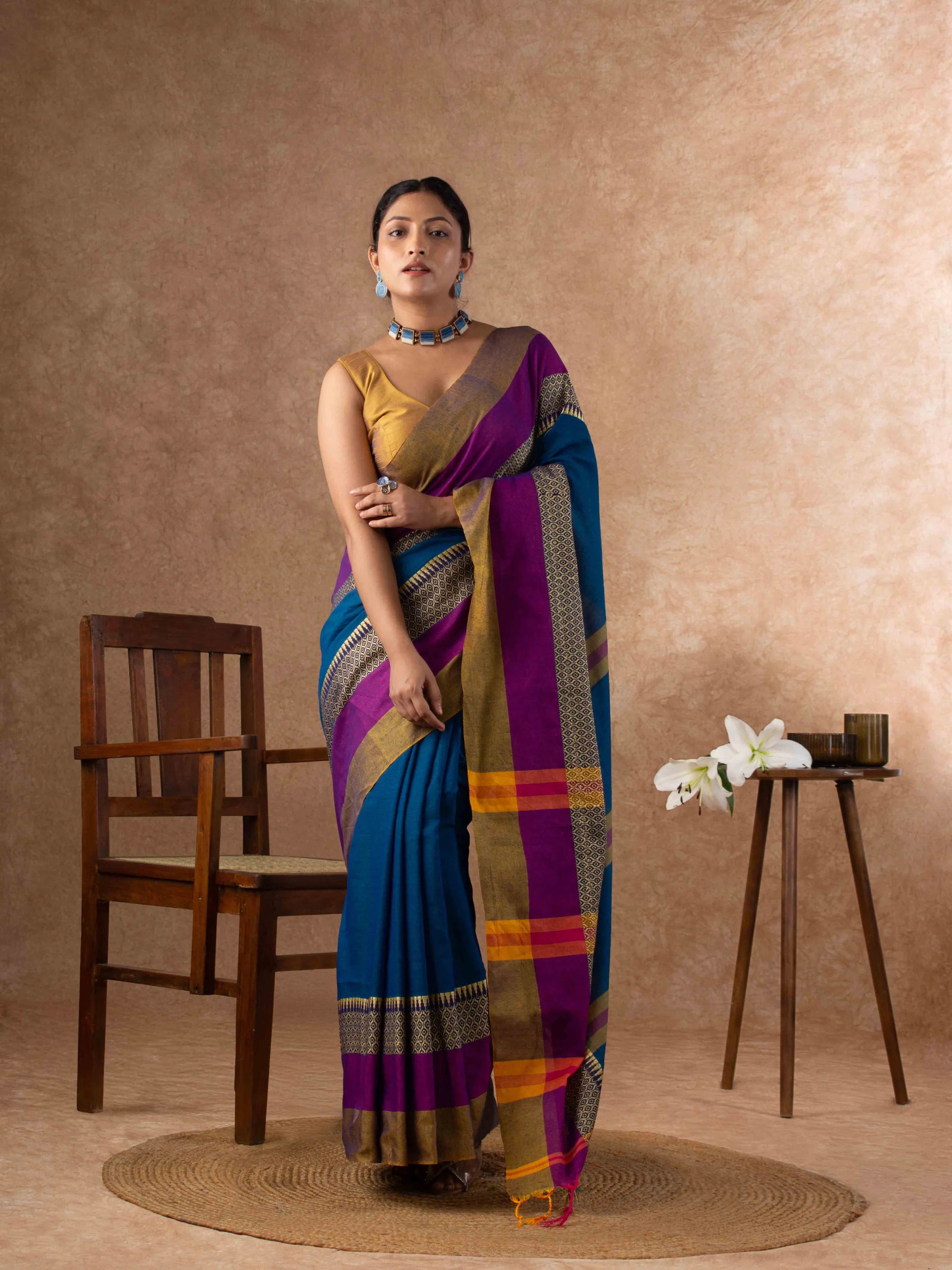 Gentle Breathable Cotton Saree in Royal Blue