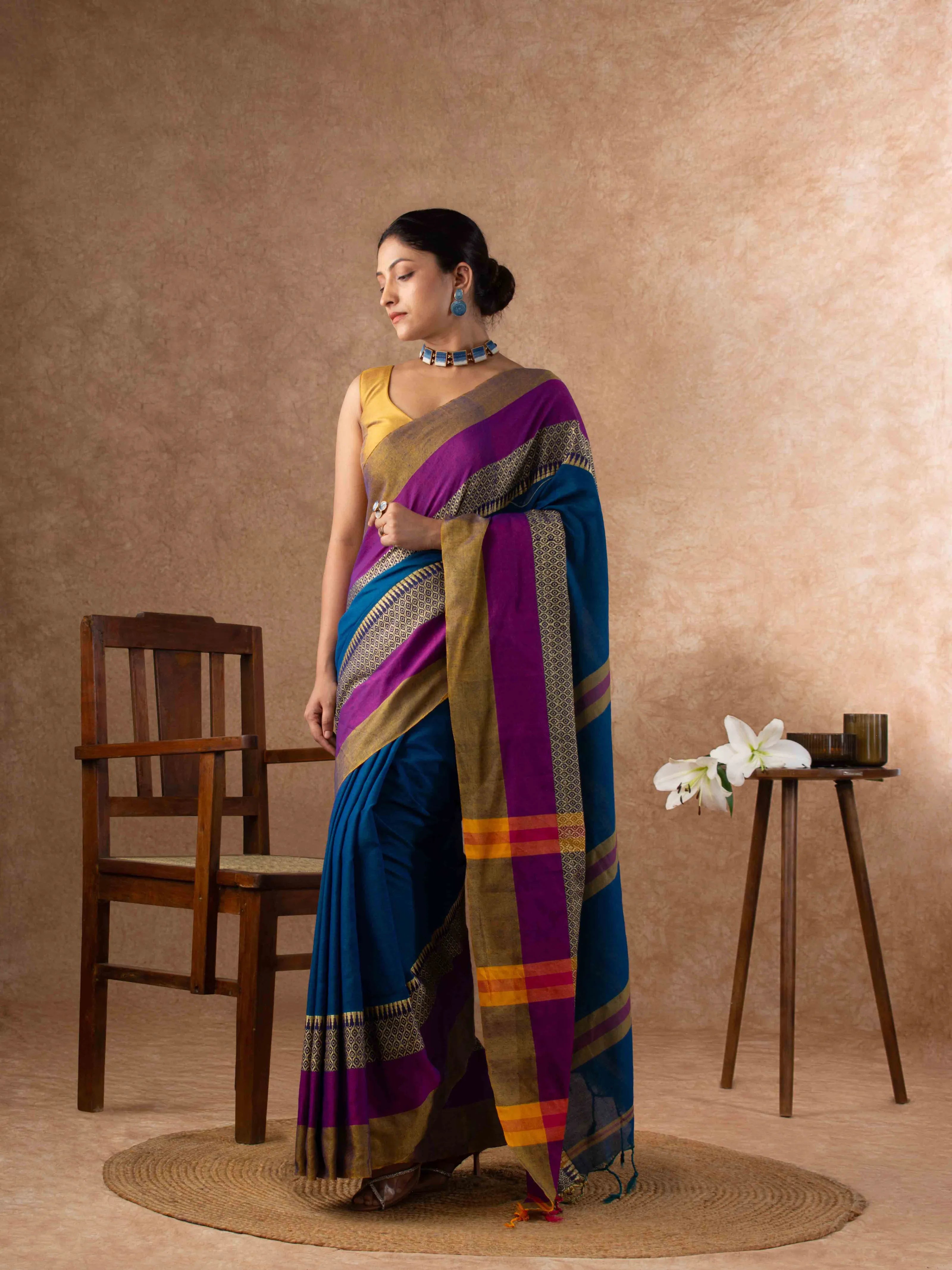Gentle Breathable Cotton Saree in Royal Blue
