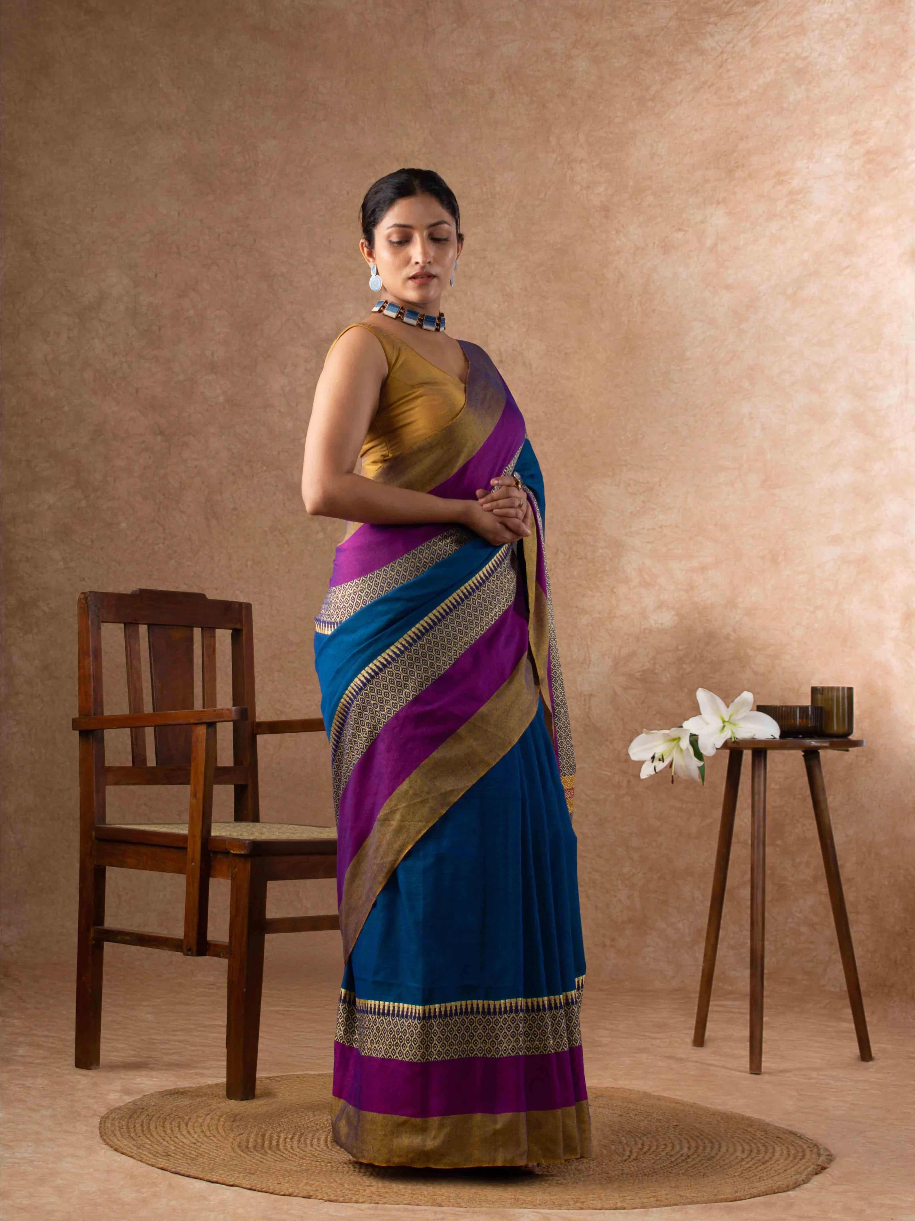 Gentle Breathable Cotton Saree in Royal Blue