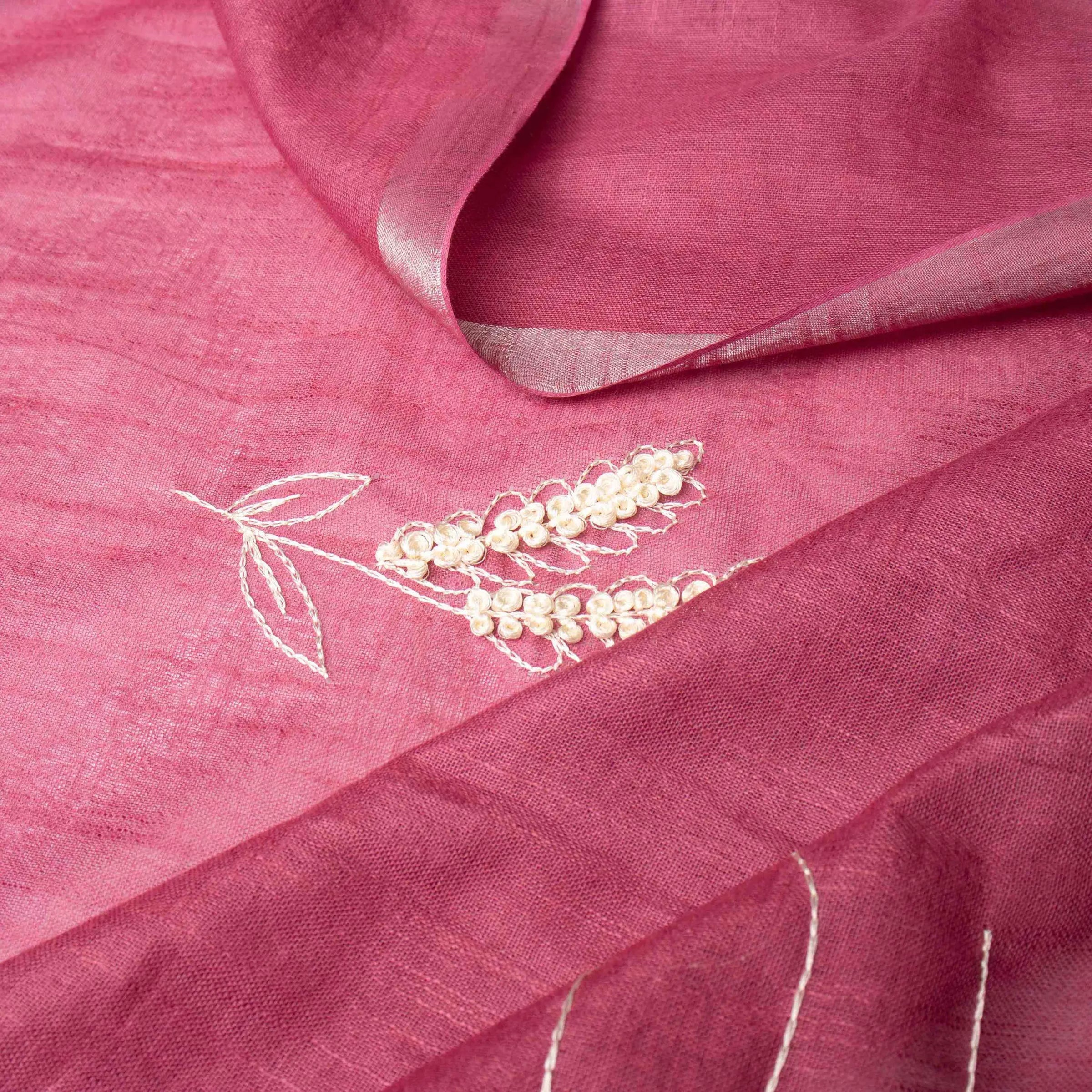 Whisper-light Linen Embroidered Saree with Stripes in Mauve Pink