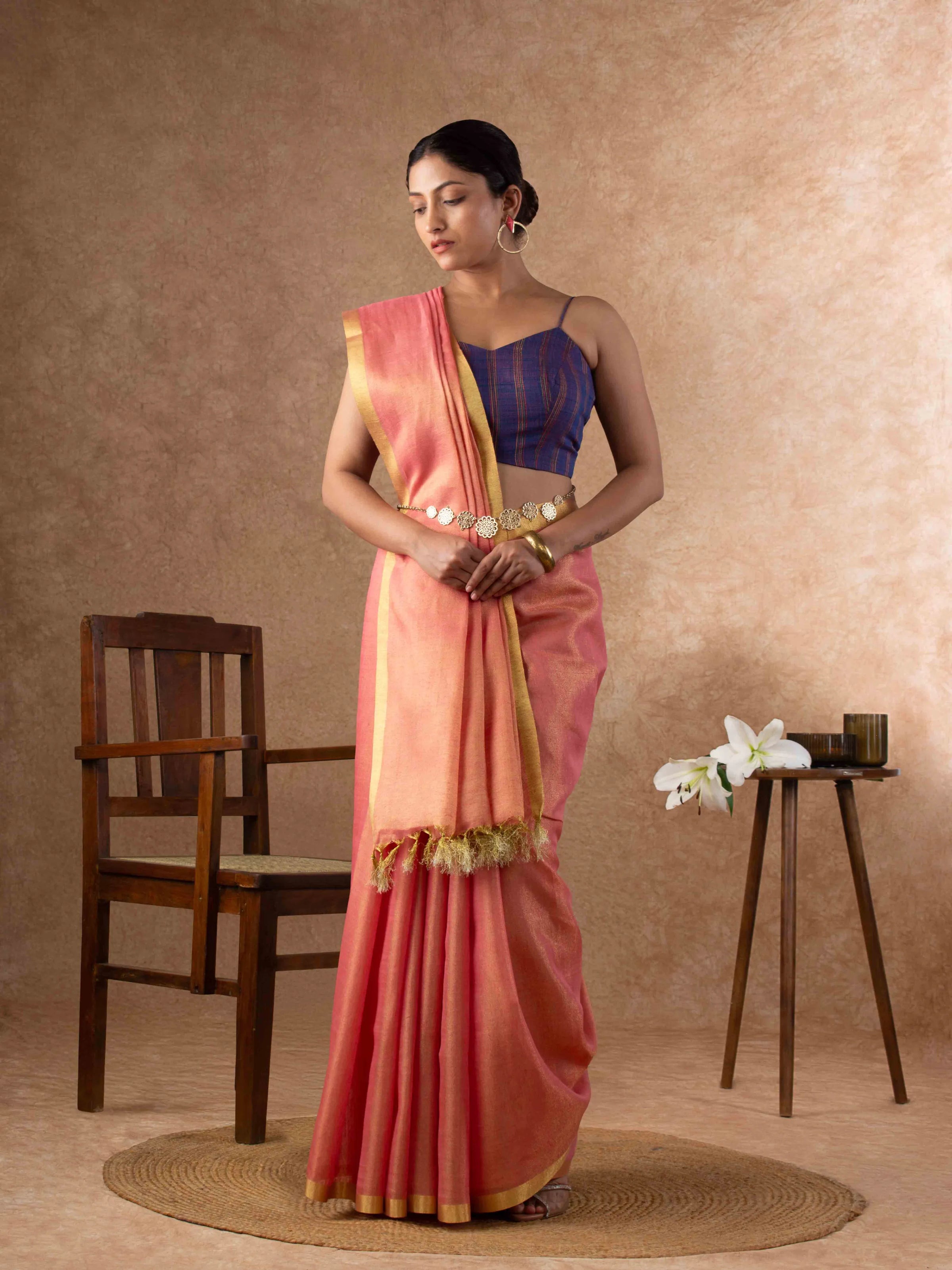 Plush Tissue Linen Soft Gold Saree in Peachy Coral