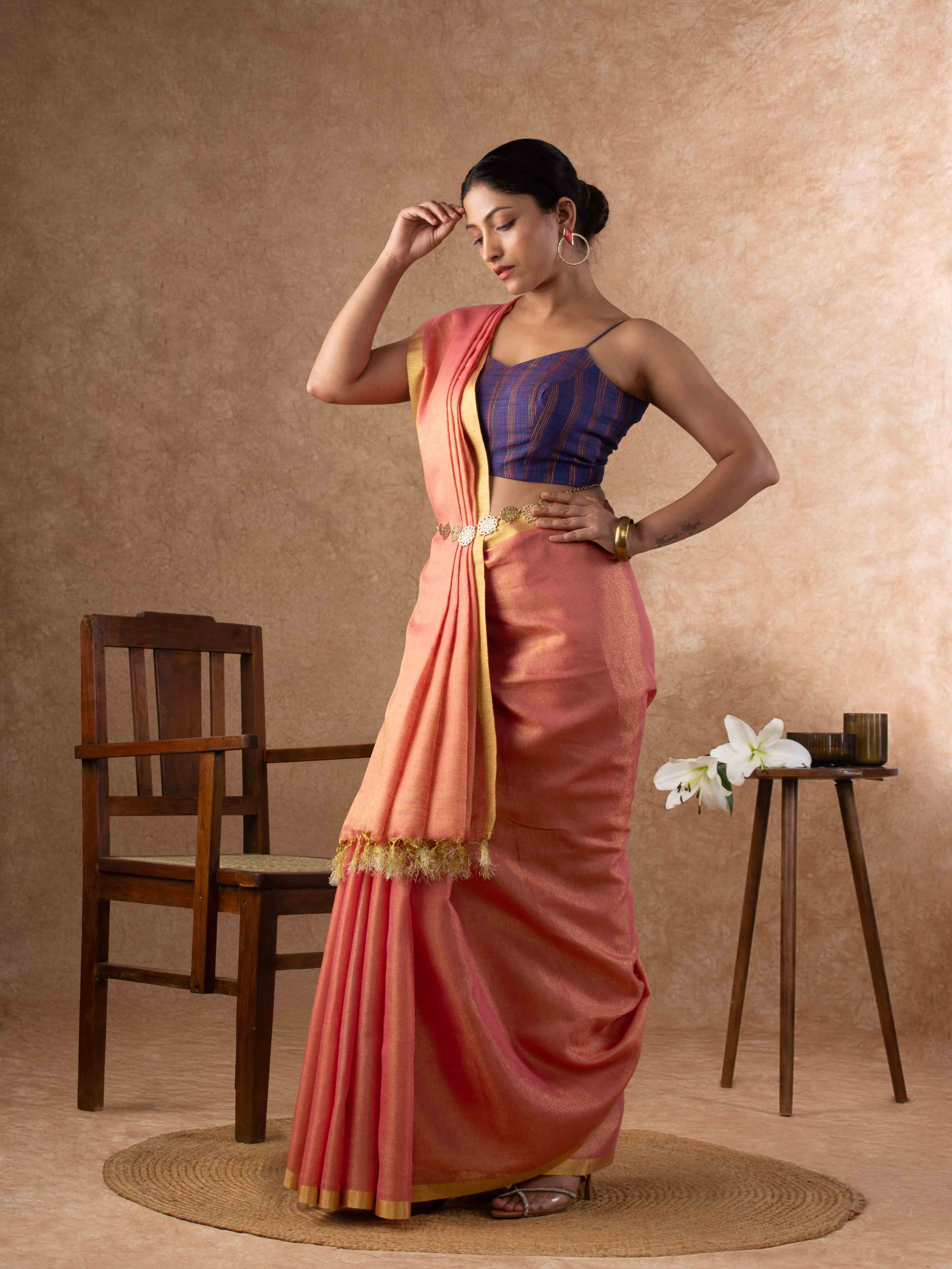 Plush Tissue Linen Soft Gold Saree in Peachy Coral