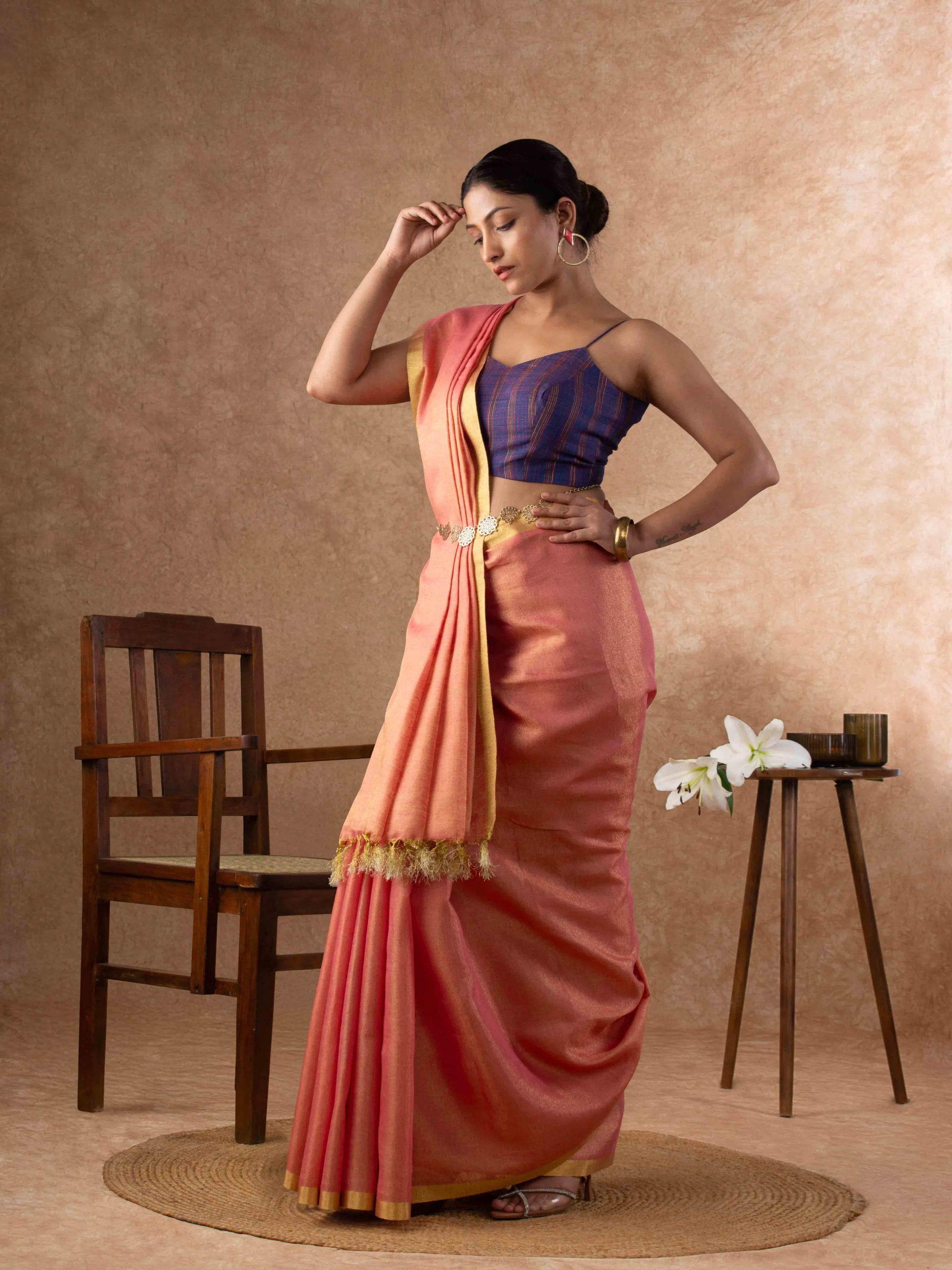Plush Tissue Linen Soft Gold Saree in Peachy Coral