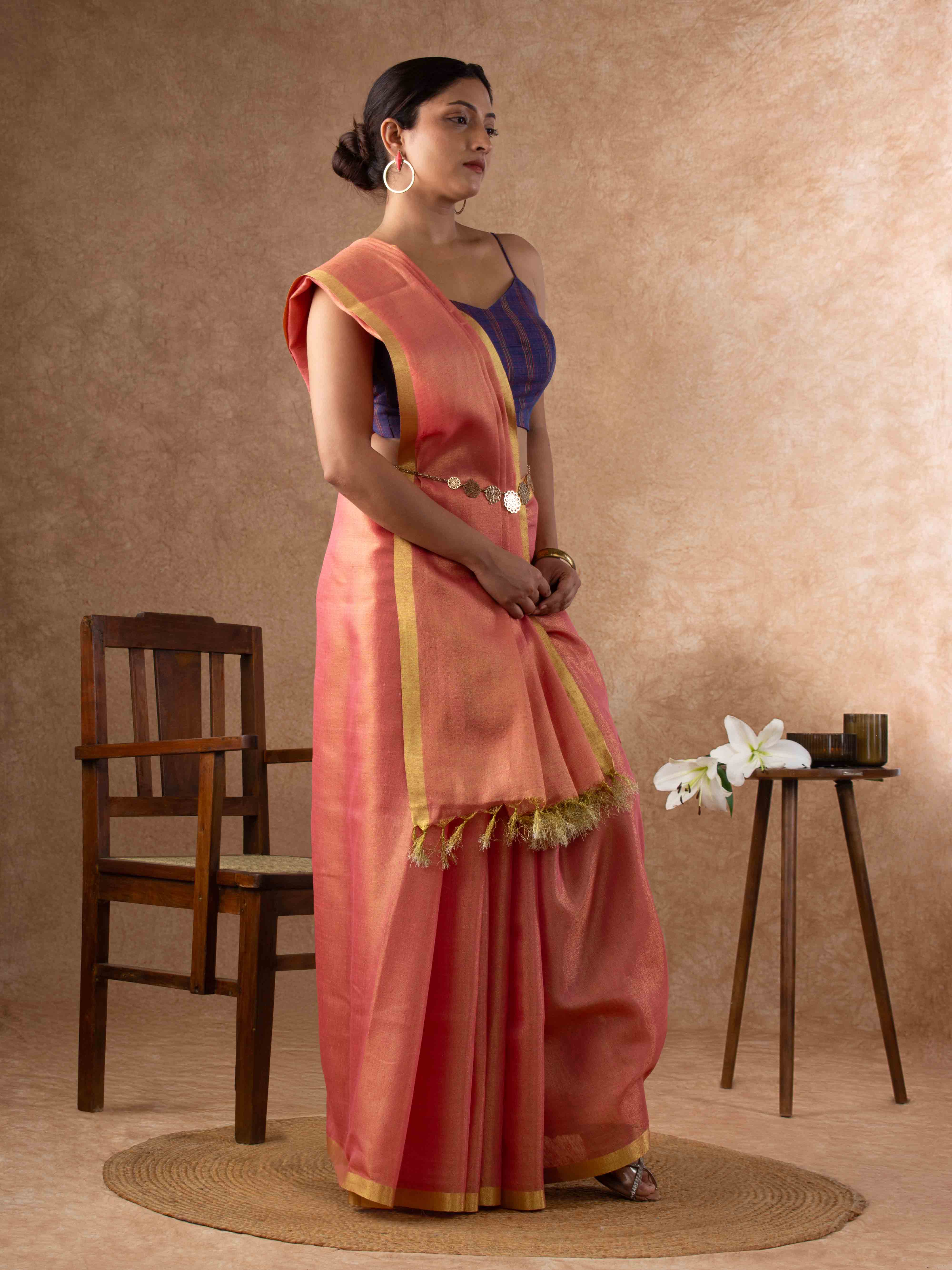 Plush Tissue Linen Soft Gold Saree in Peachy Coral