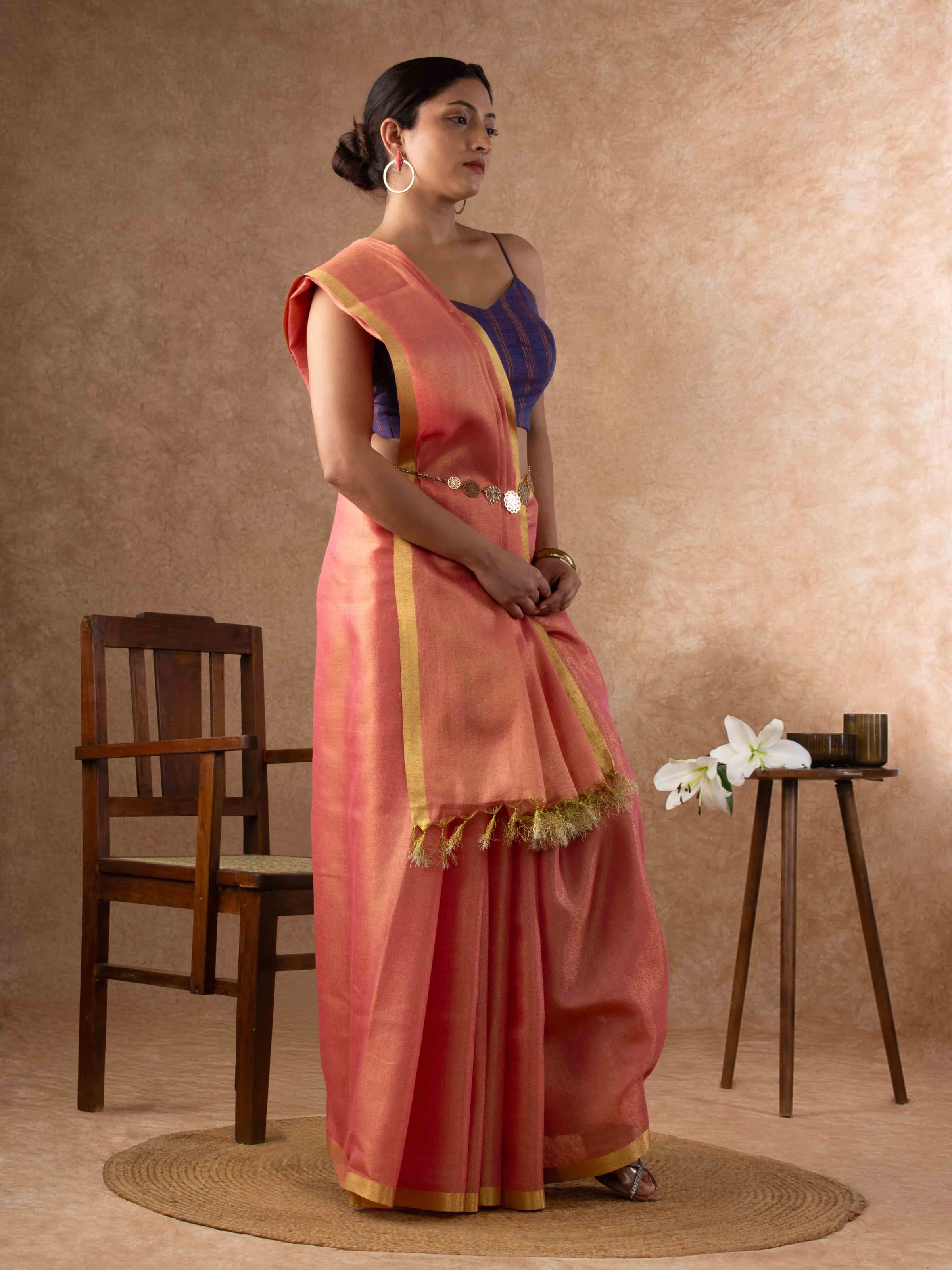 Plush Tissue Linen Soft Gold Saree in Peachy Coral