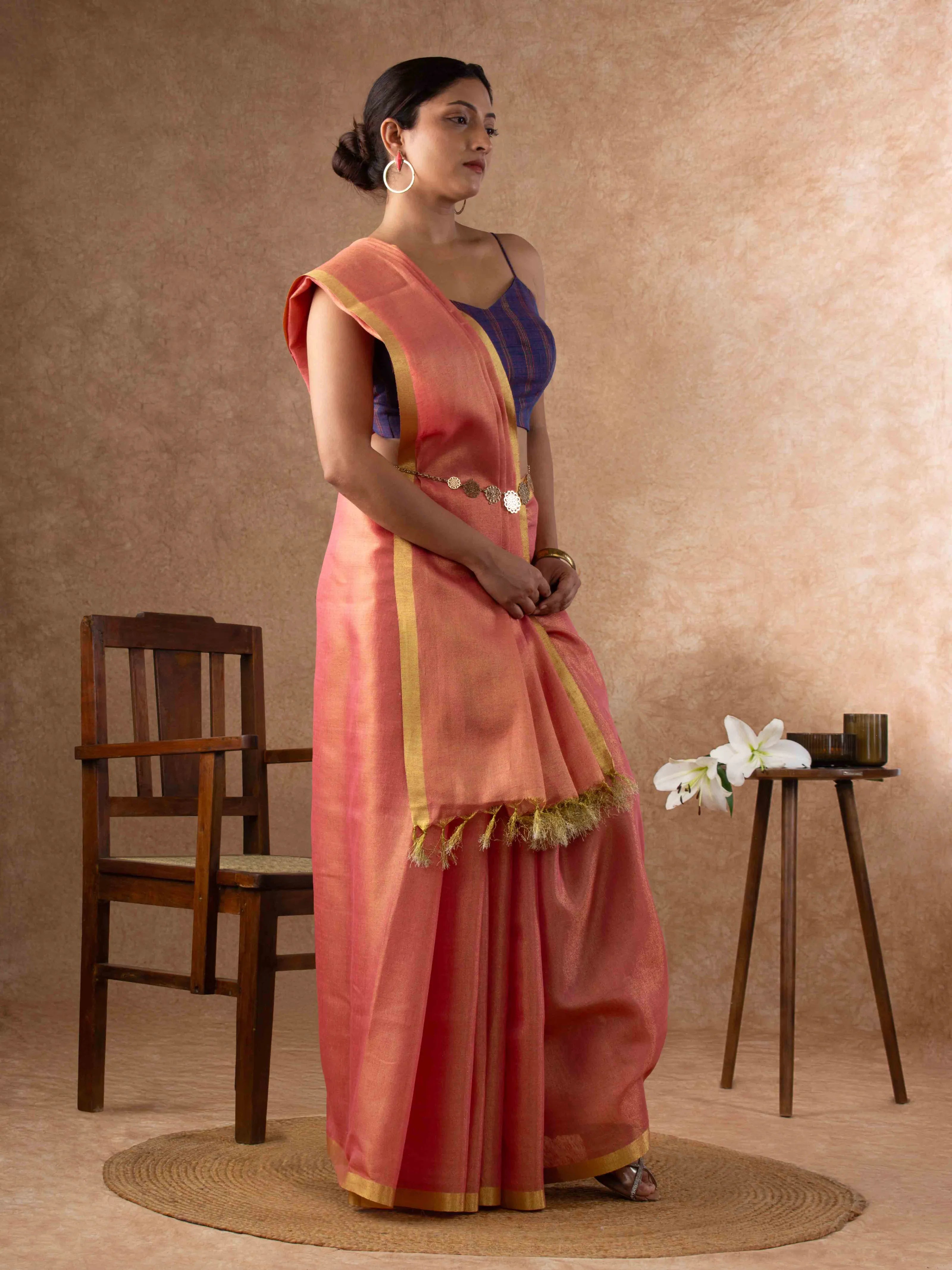 Plush Tissue Linen Soft Gold Saree in Peachy Coral
