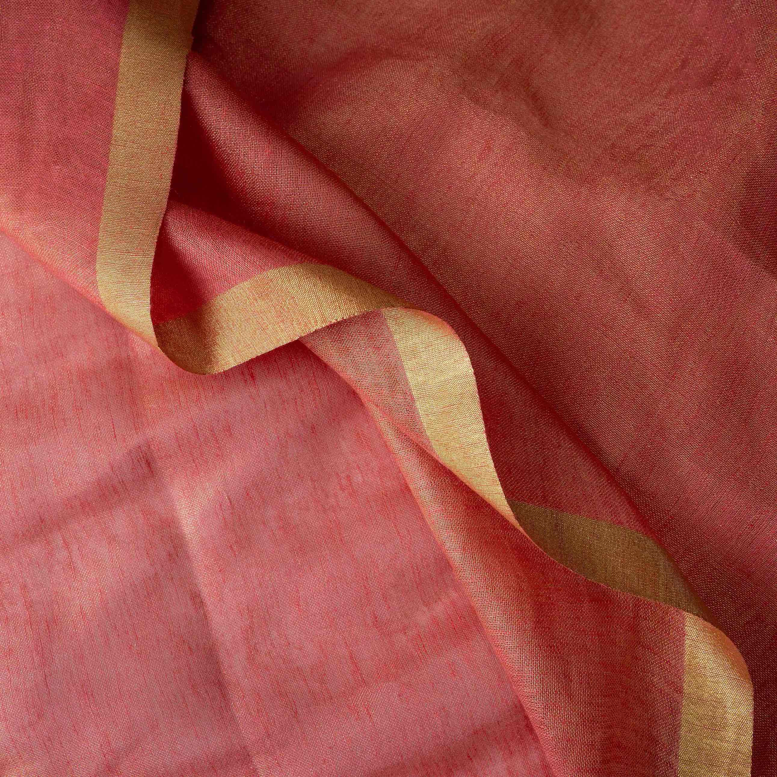 Plush Tissue Linen Soft Gold Saree in Peachy Coral