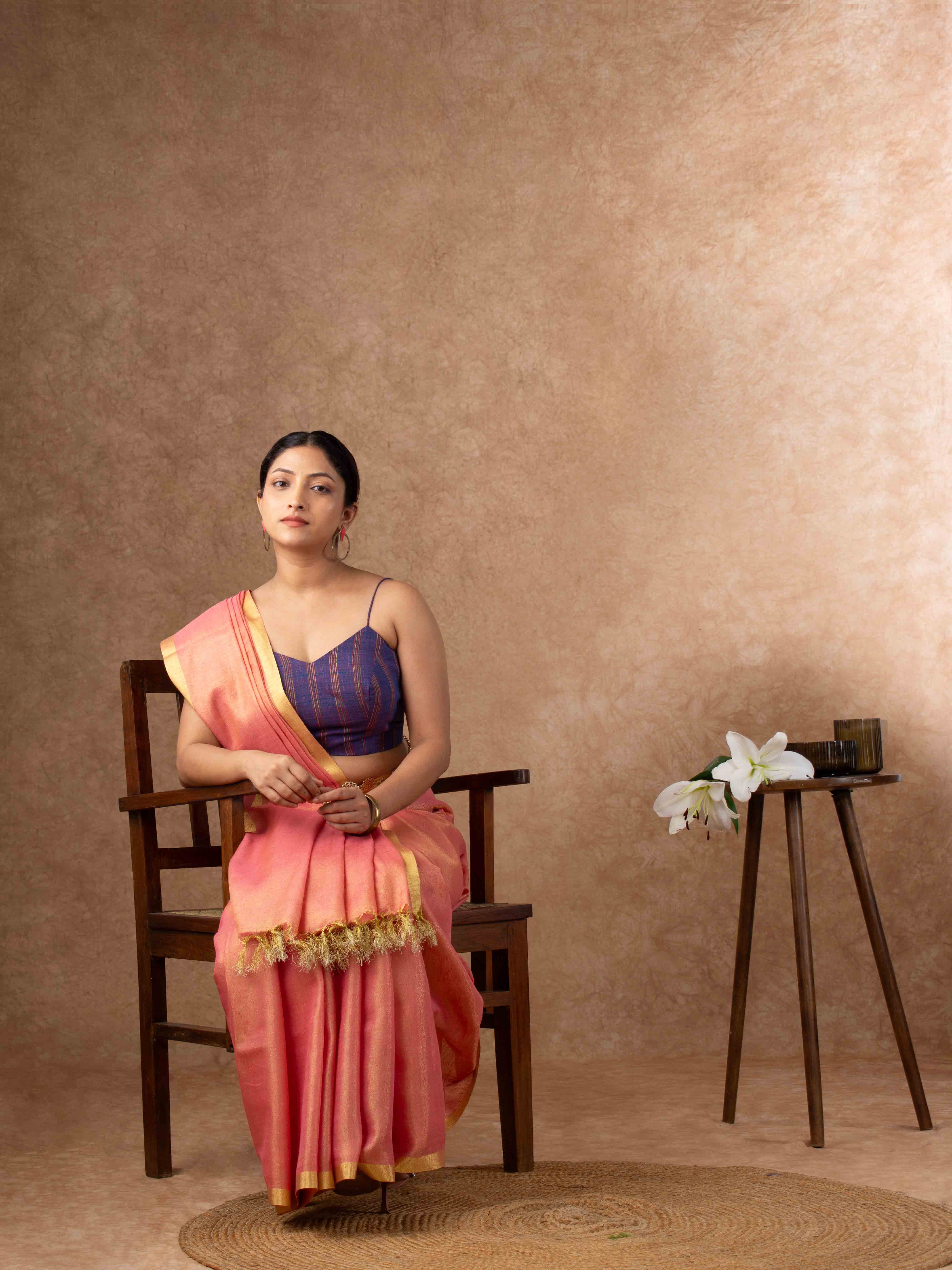Plush Tissue Linen Soft Gold Saree in Peachy Coral