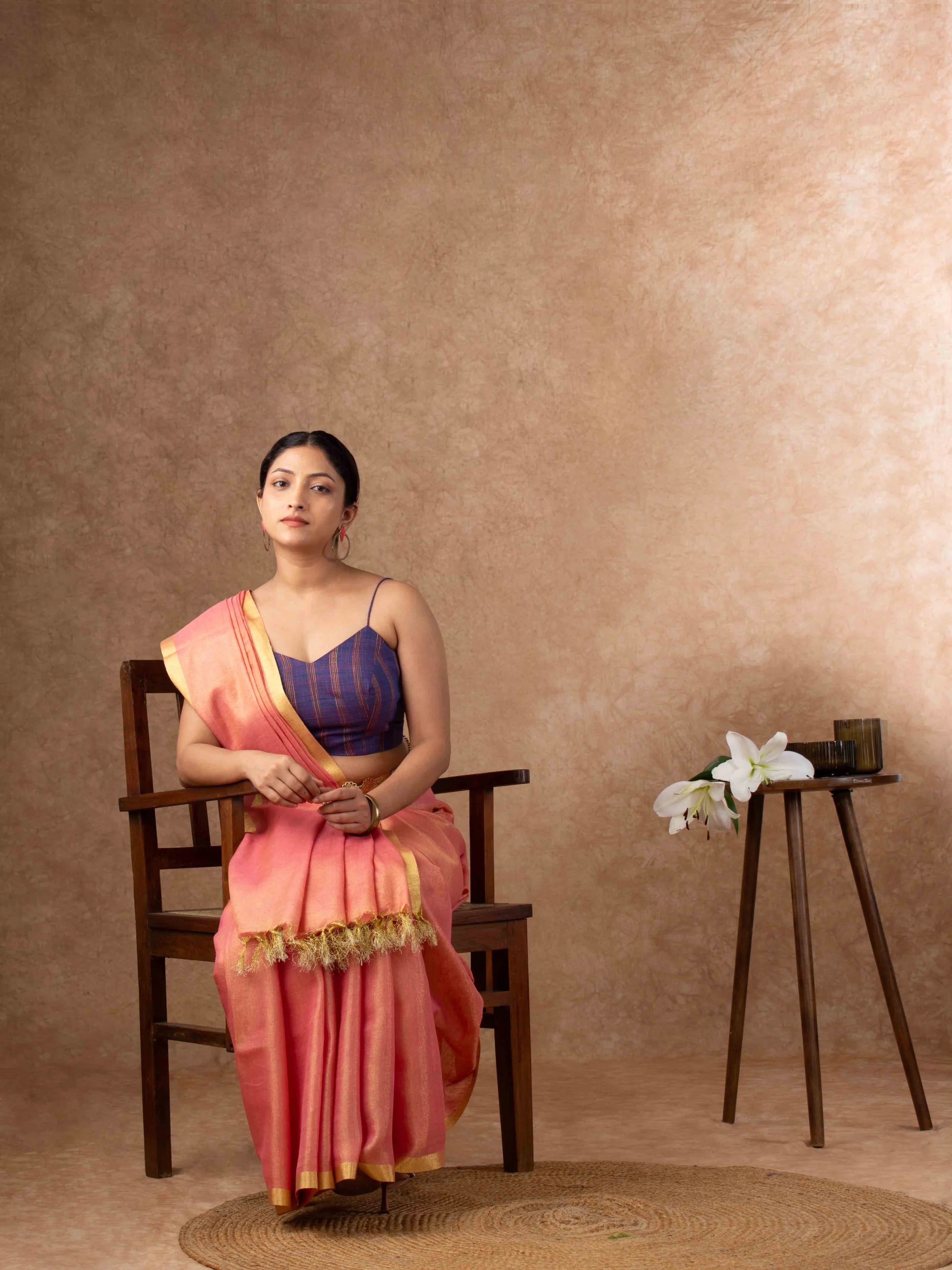 Plush Tissue Linen Soft Gold Saree in Peachy Coral