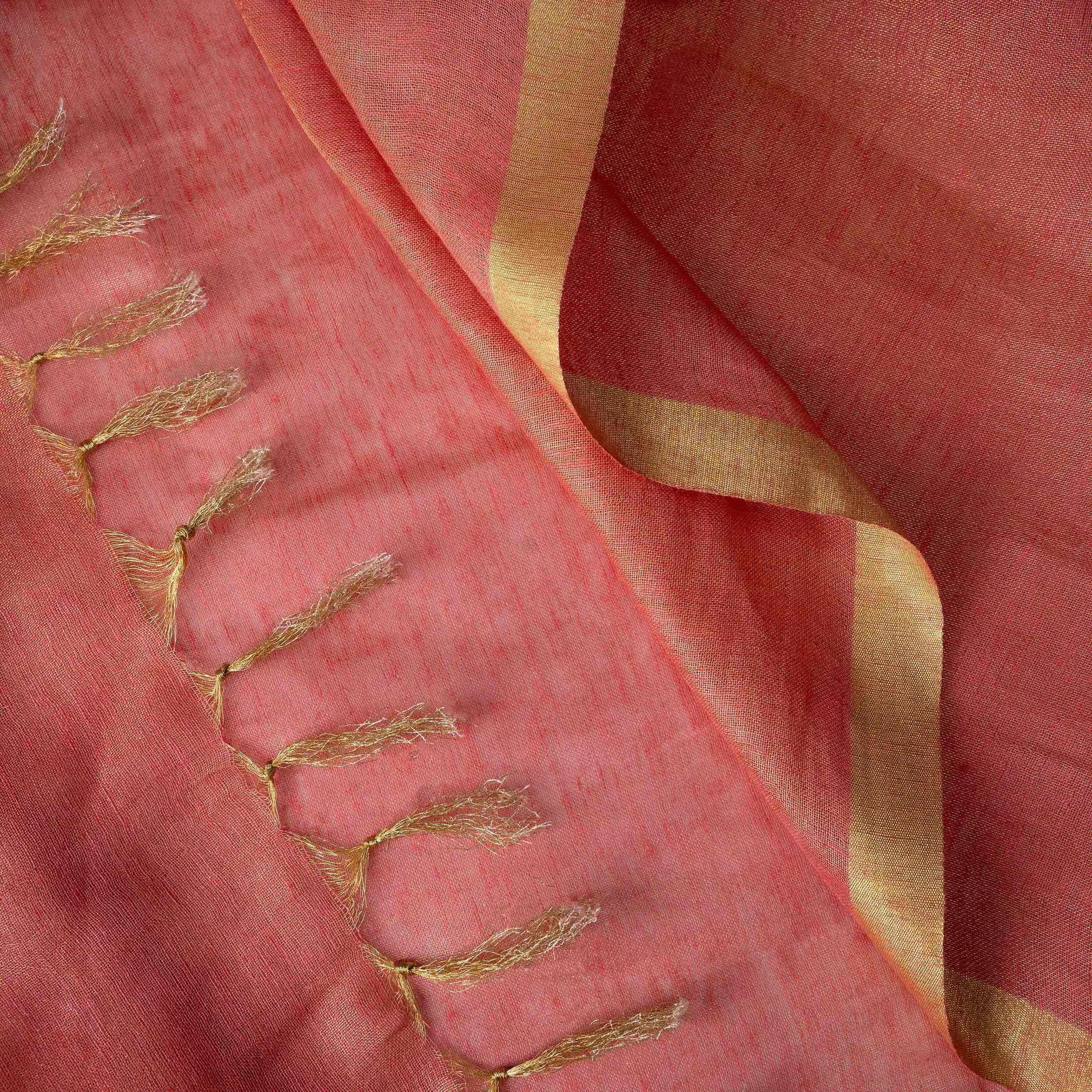 Plush Tissue Linen Soft Gold Saree in Peachy Coral