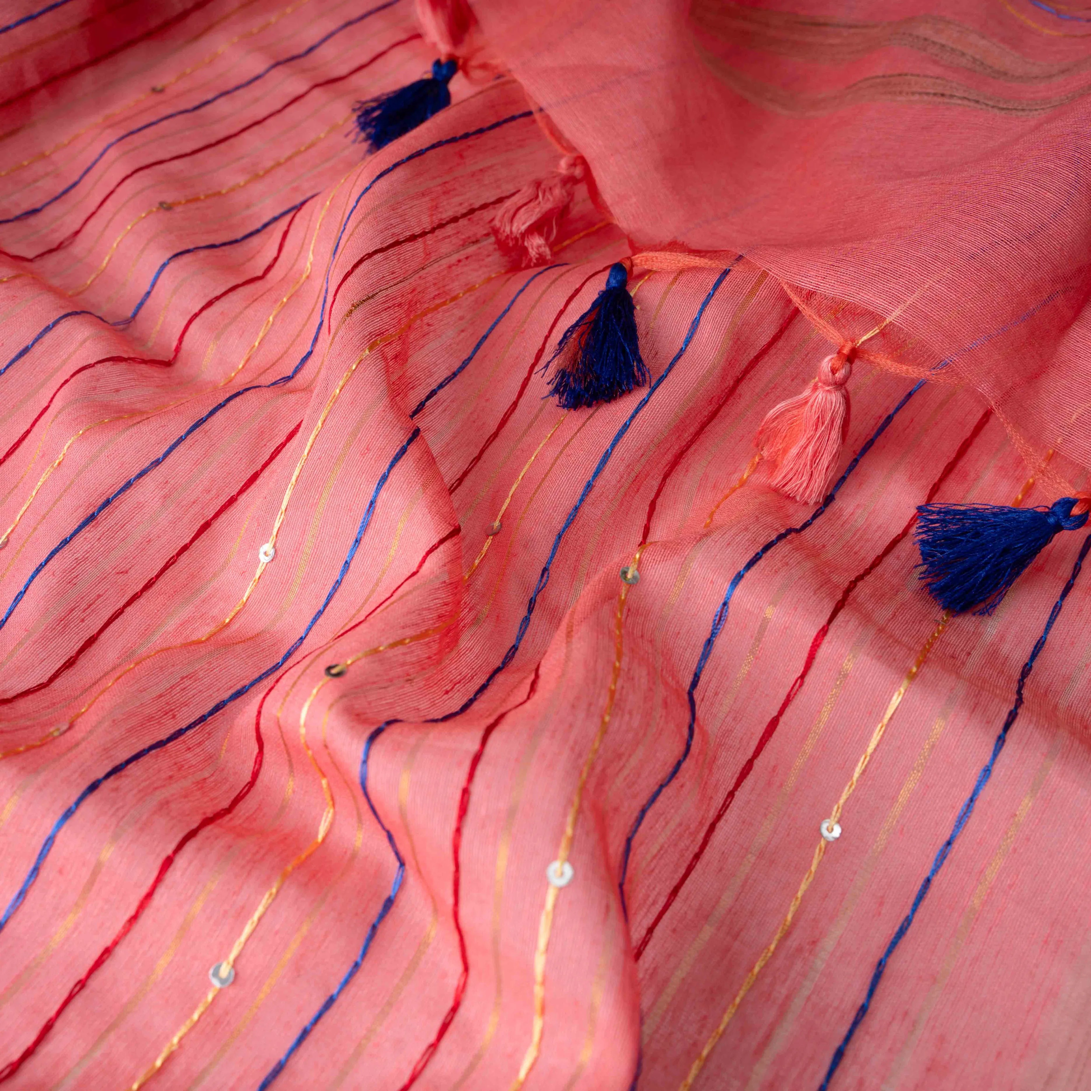Velvety Linen Silk Saree in Coral Pink with Floral Embroidery