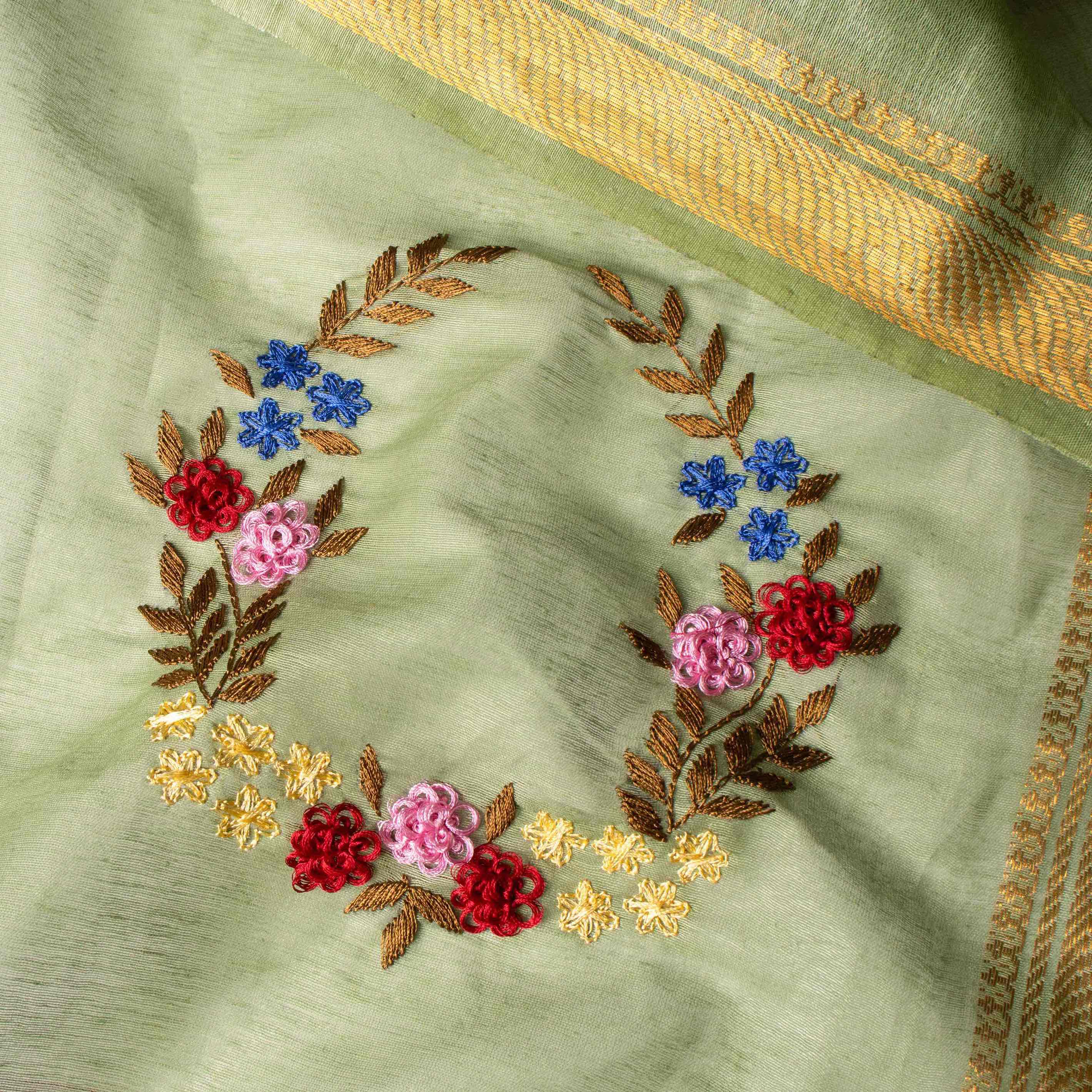 Velvety Linen Silk Saree in Leaf Green with Floral Embroidery
