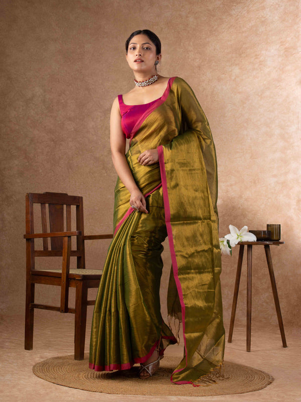 Airy Organic Tissue Silk Saree in Olive Green