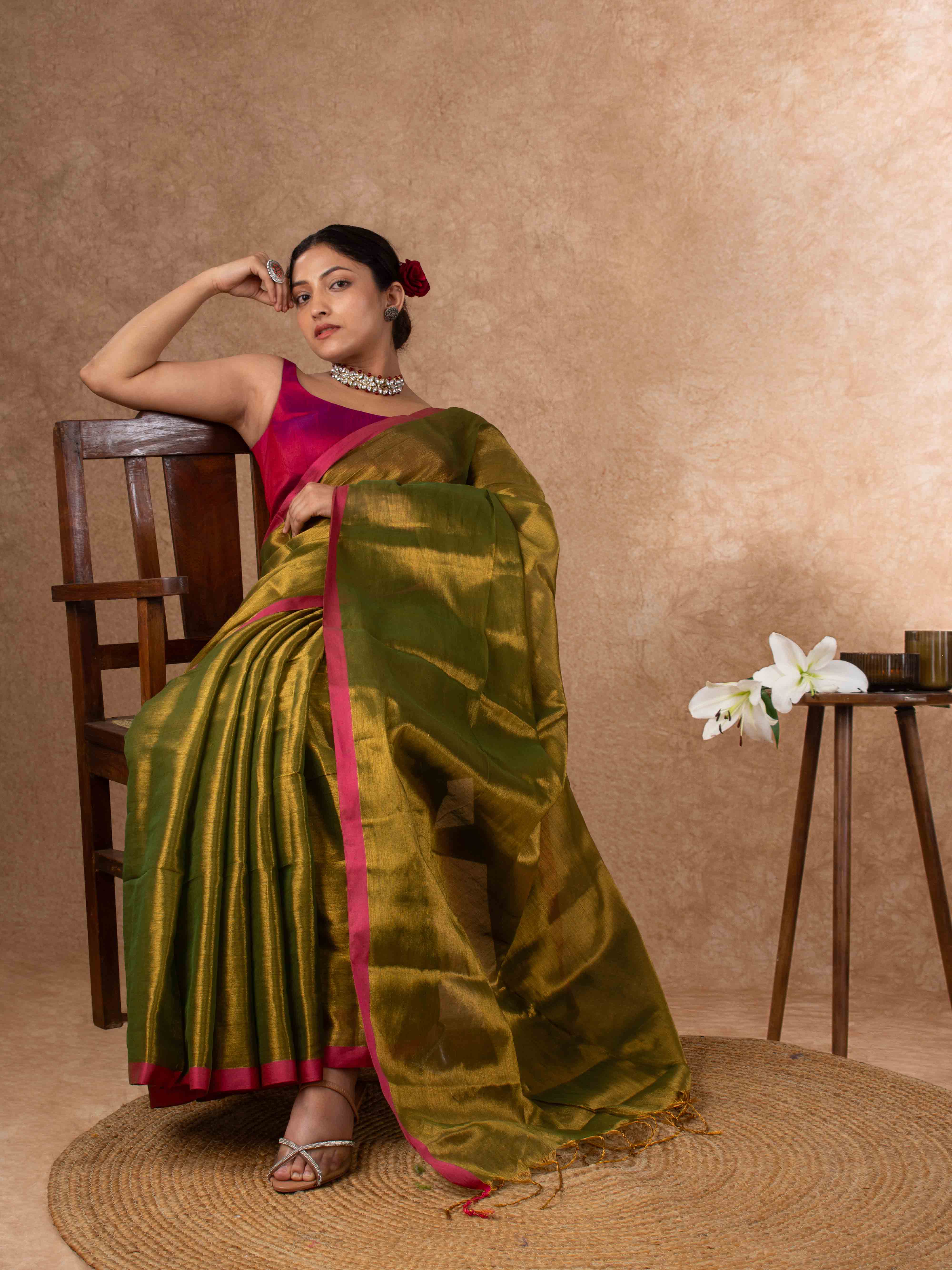 Airy Organic Tissue Silk Saree in Olive Green