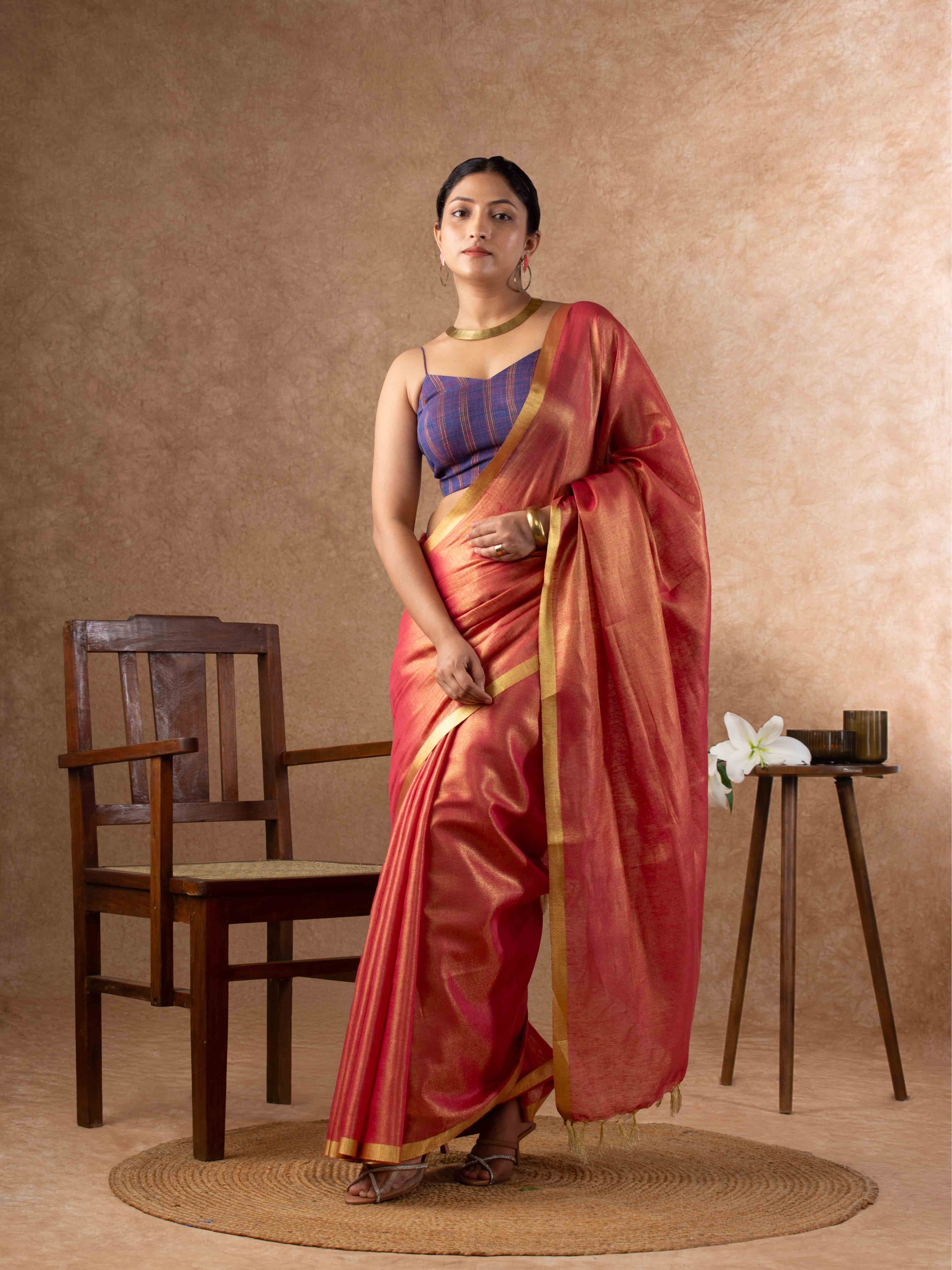 Plush Tissue Linen Soft Gold Saree in Coral Rose