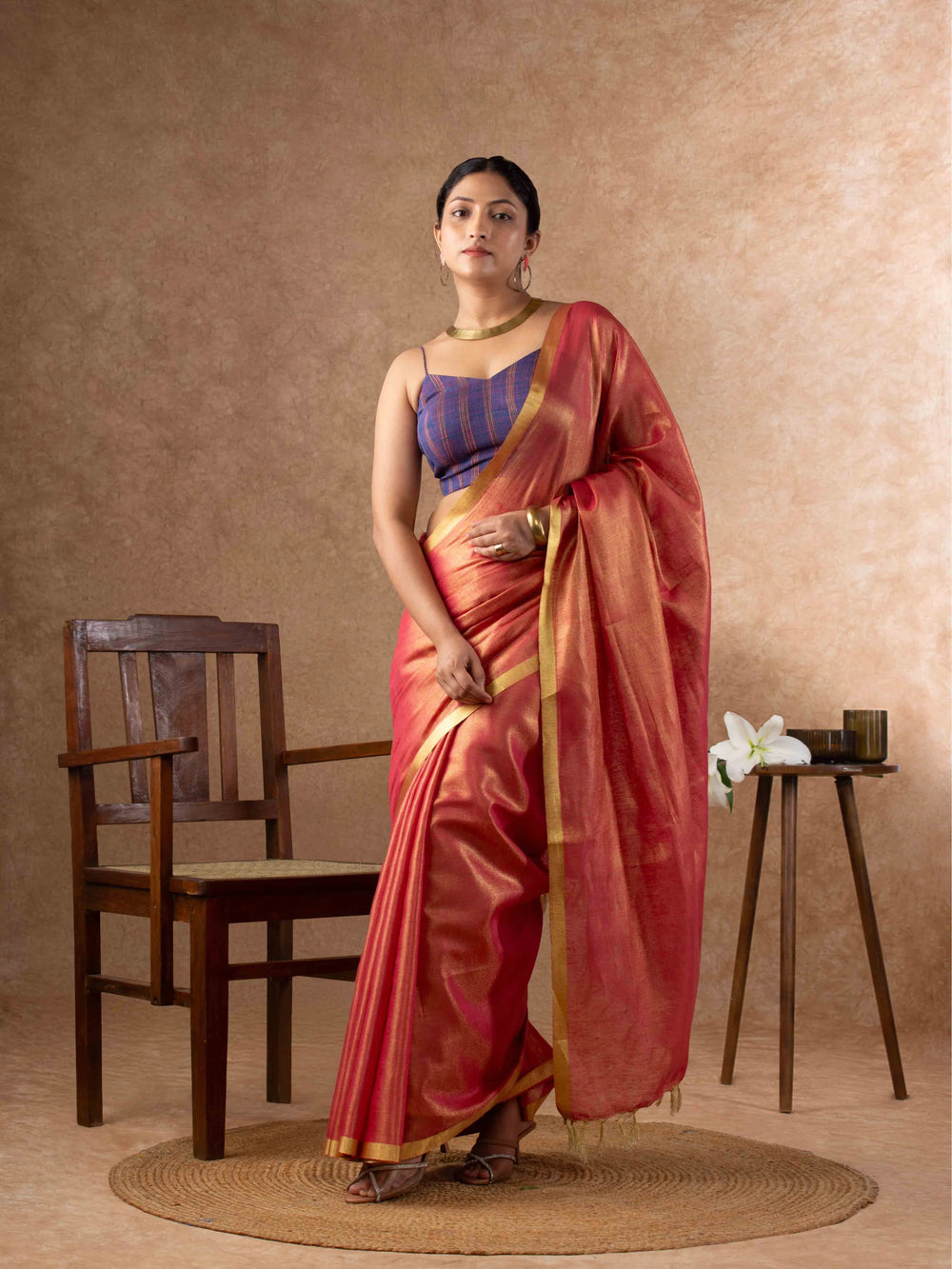 Plush Tissue Linen Soft Gold Saree in Coral Rose