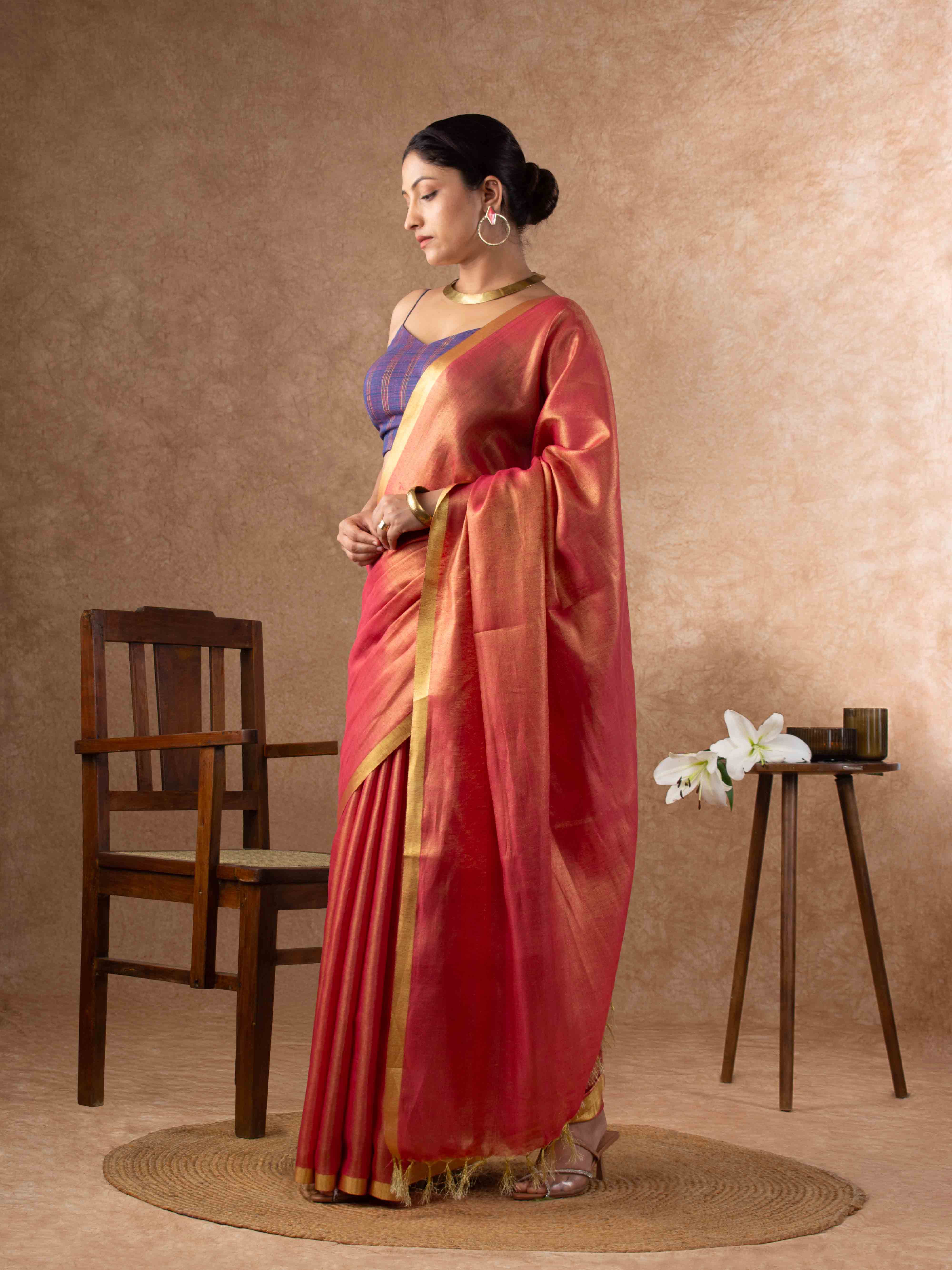 Plush Tissue Linen Soft Gold Saree in Coral Rose