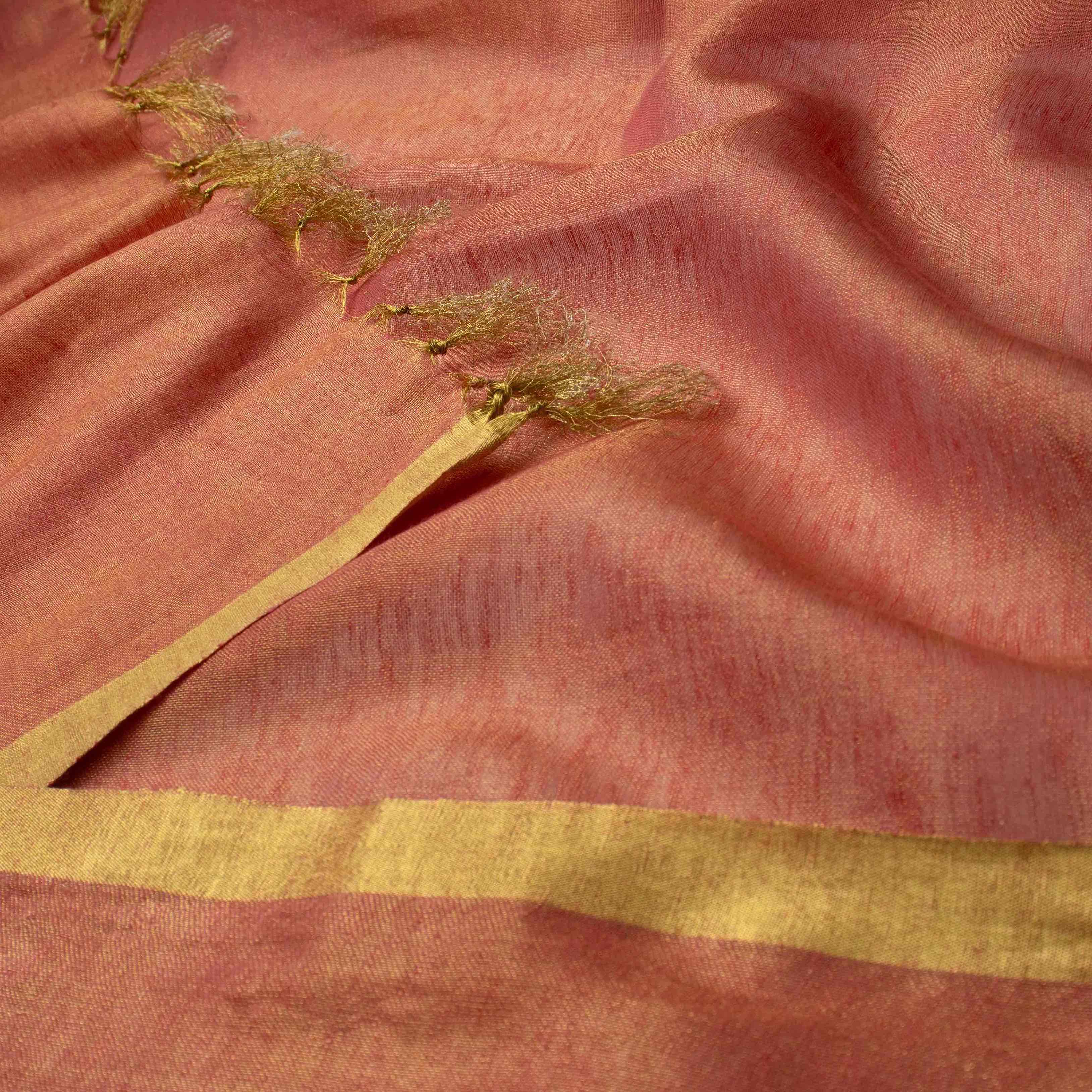 Plush Tissue Linen Soft Gold Saree in Coral Rose