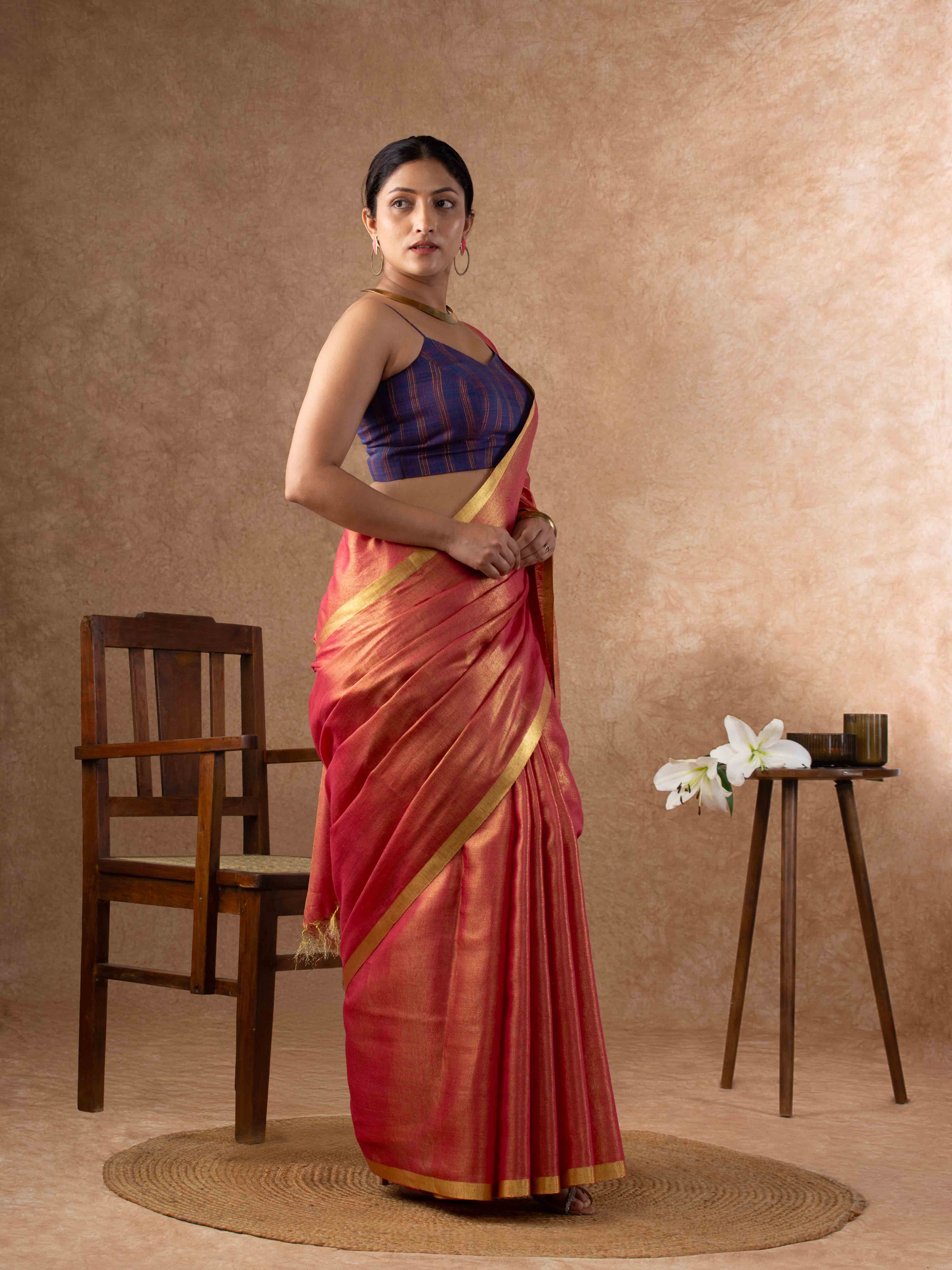 Plush Tissue Linen Soft Gold Saree in Coral Rose