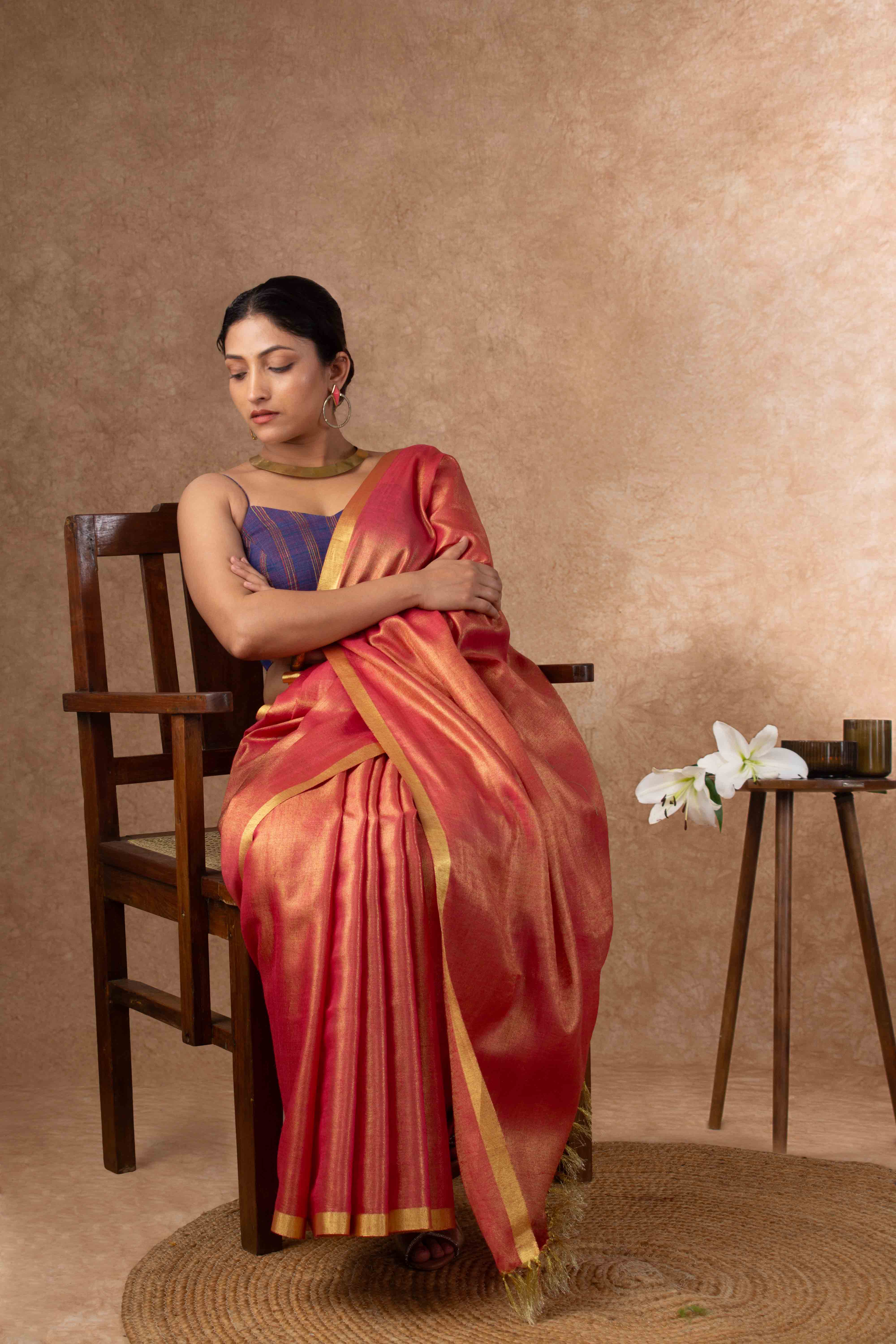 Plush Tissue Linen Soft Gold Saree in Coral Rose
