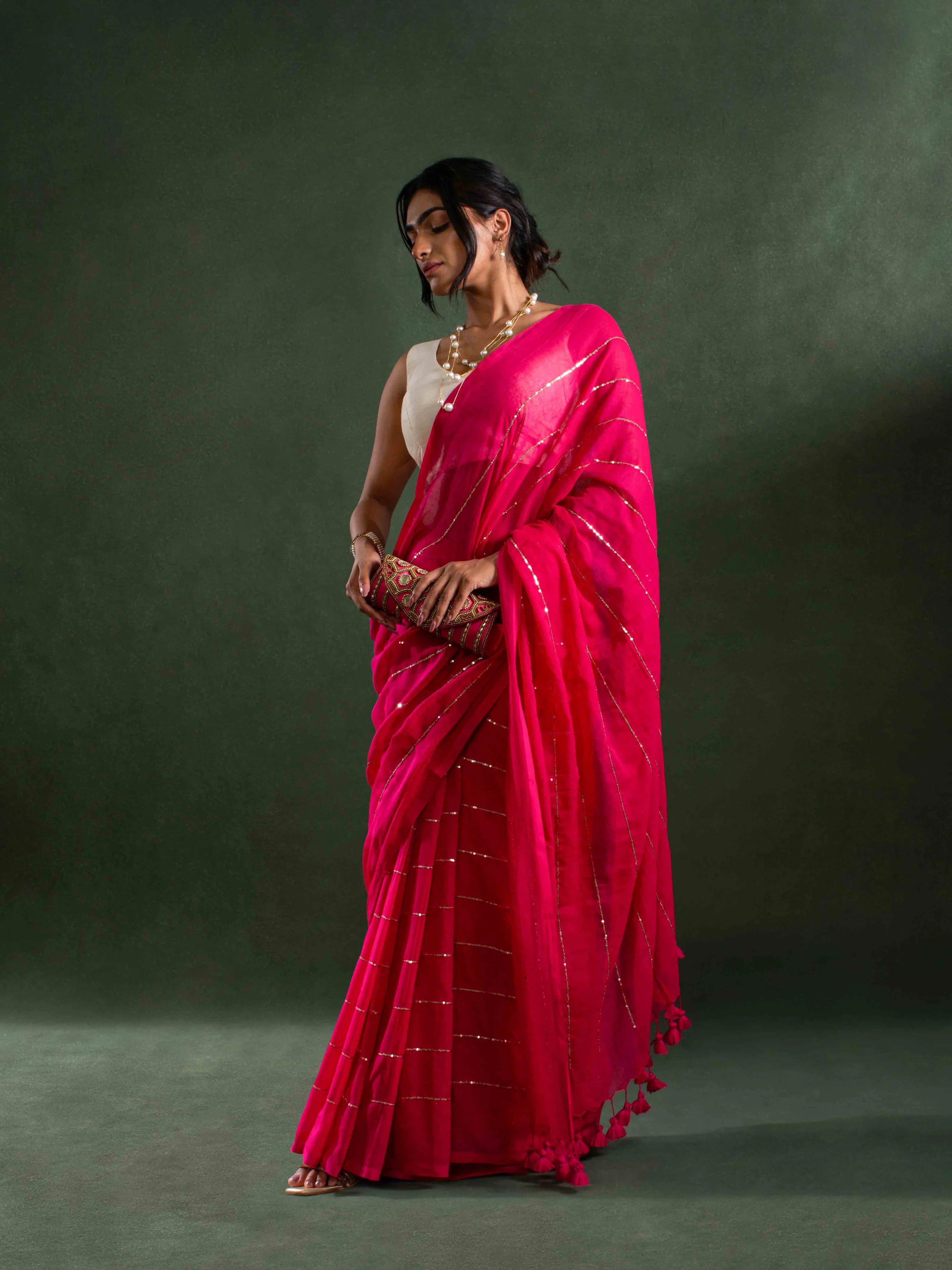 Whisper-light Mul Cotton Saree in Coral Rose with Zari Stripes