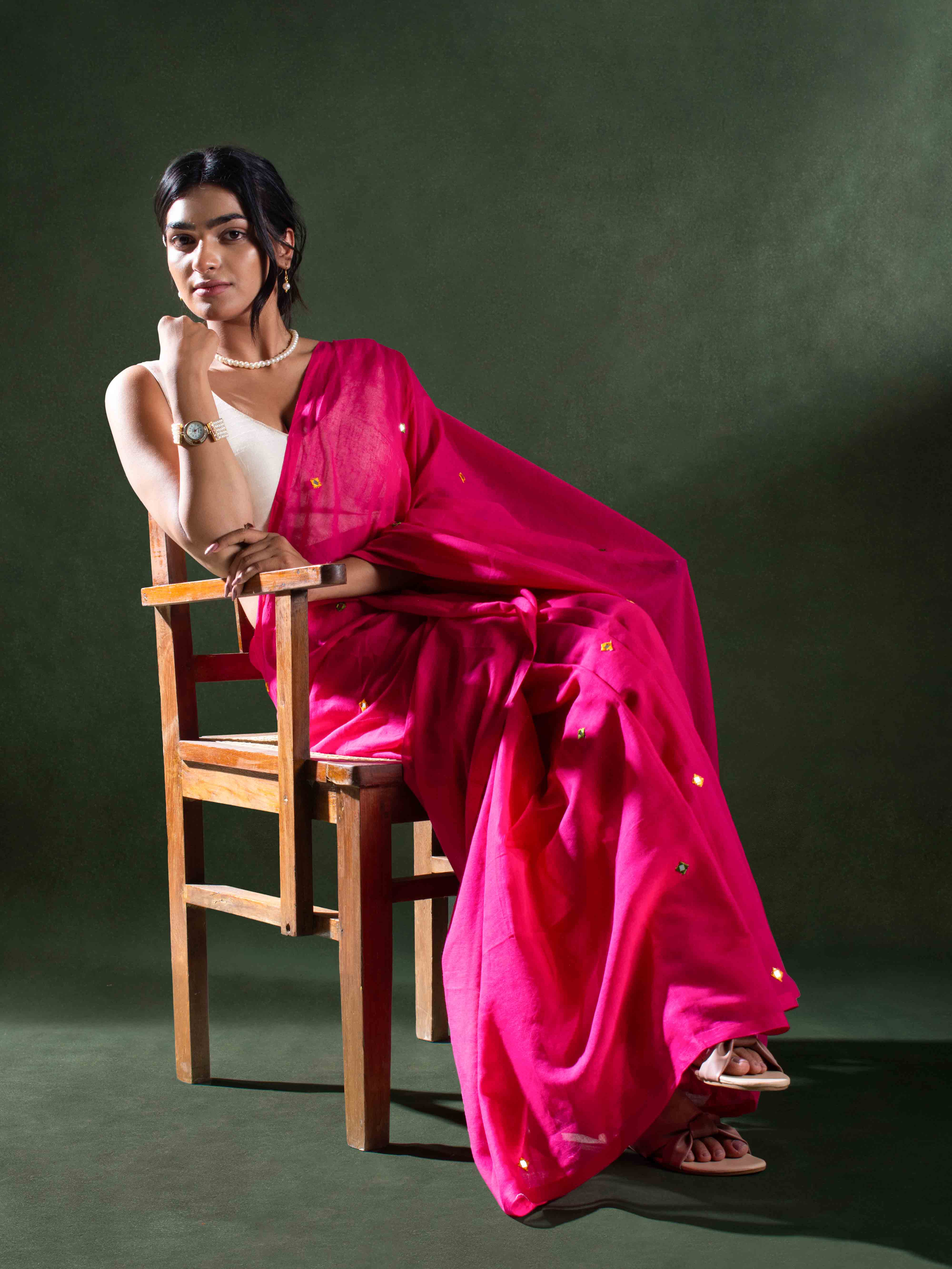 Breezy Mul Cotton Saree in Rose Pink with Subtle Mirror Work