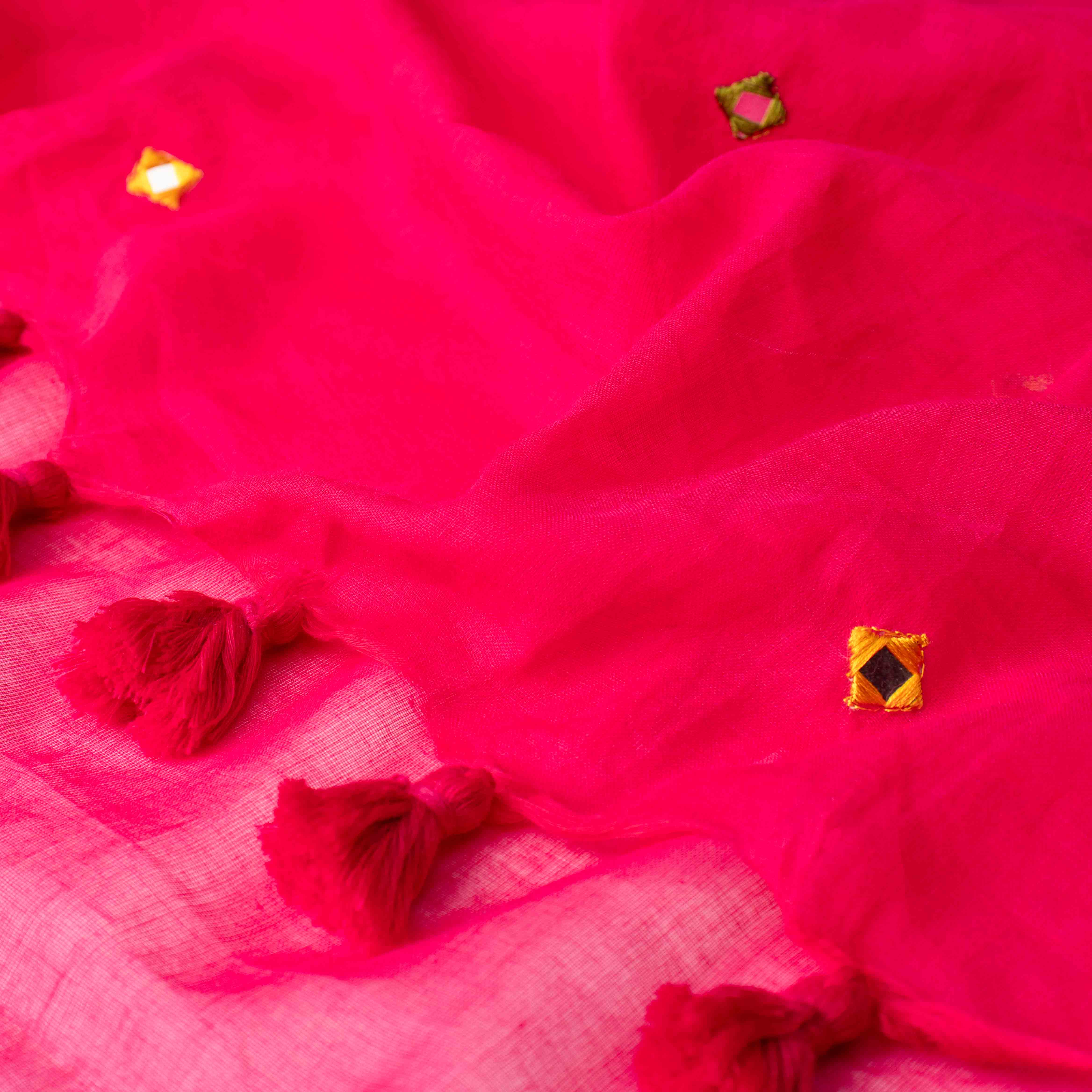 Breezy Mul Cotton Saree in Rose Pink with Subtle Mirror Work
