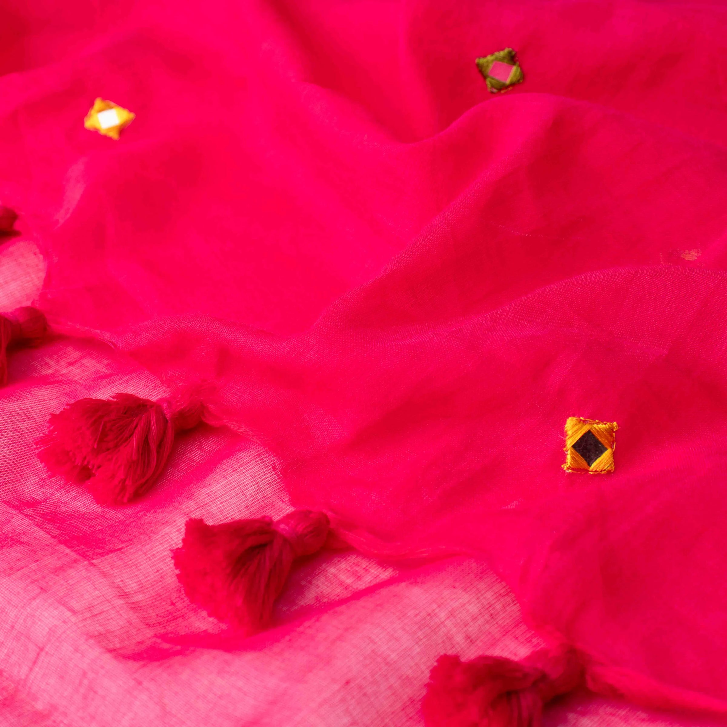 Breezy Mul Cotton Saree in Rose Pink with Subtle Mirror Work