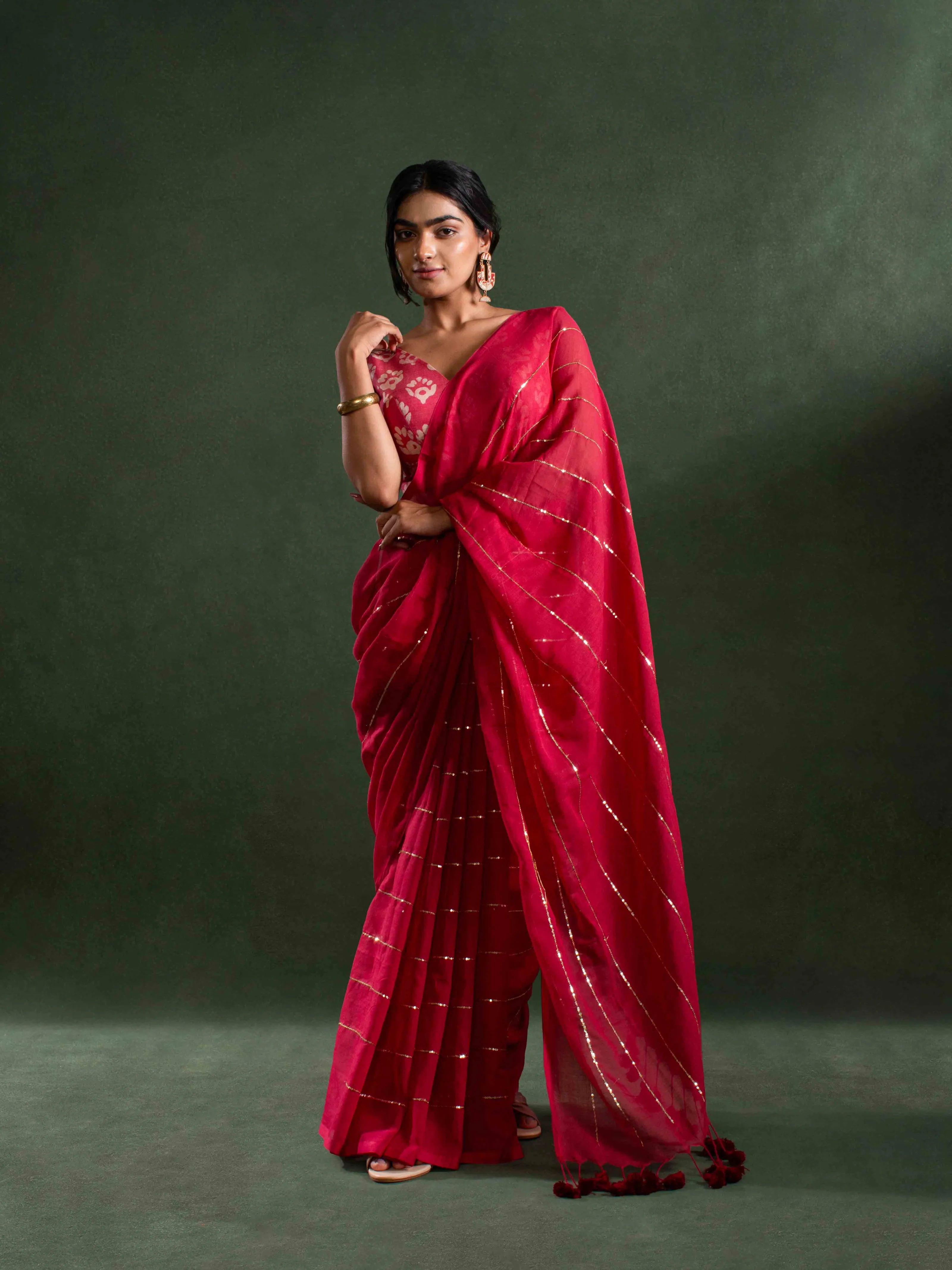 Whisper-light Mul Cotton Saree in Red with Zari Stripes