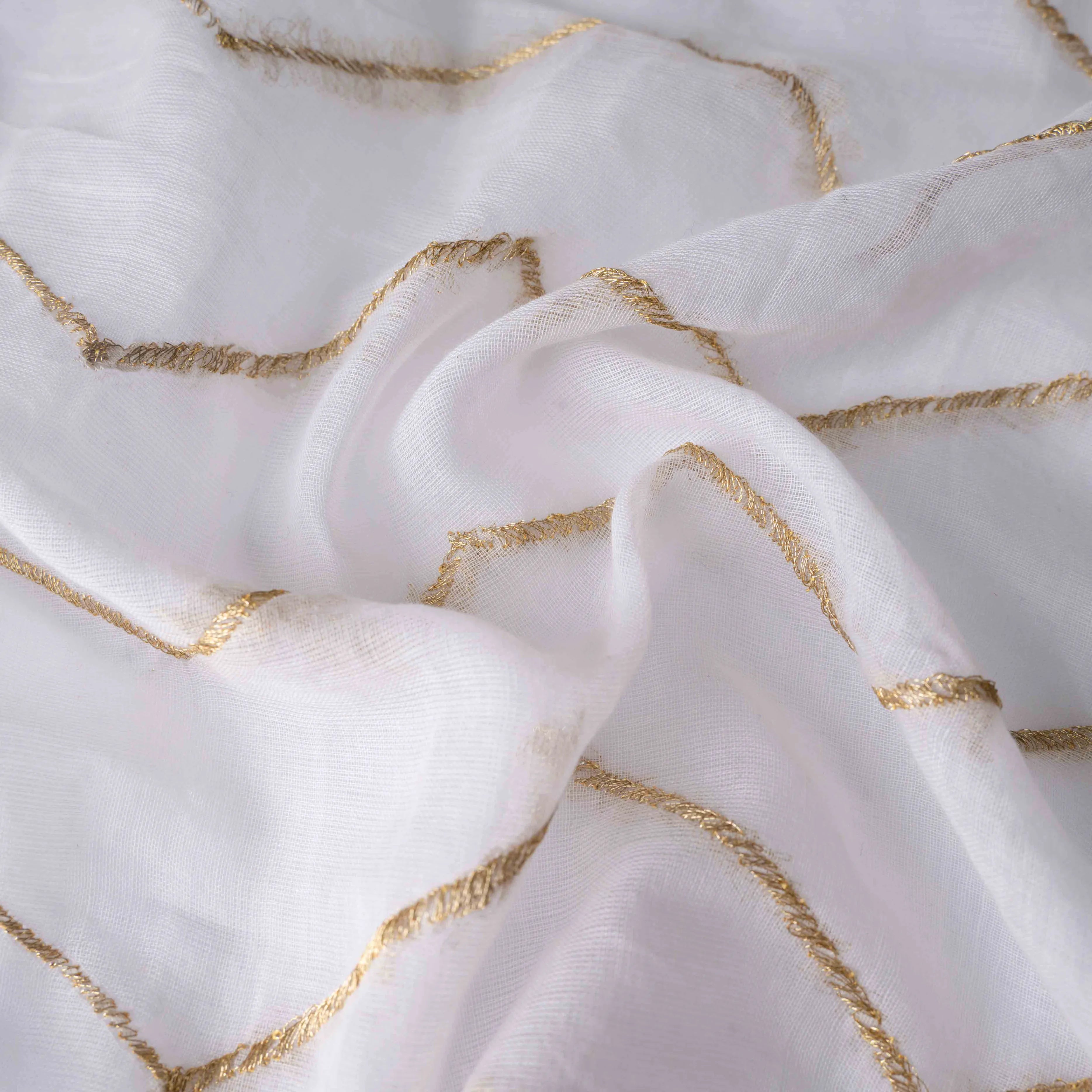 Featherlight Mul Cotton Saree in Ivory White with Wave Patterns