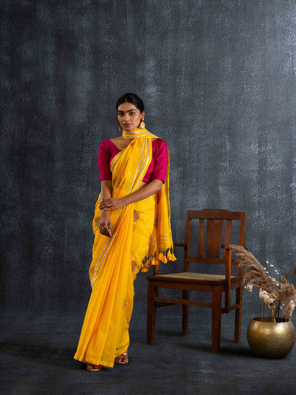 Gentle Mul Cotton Saree in Marigold Yellow with Floral Embroidery
