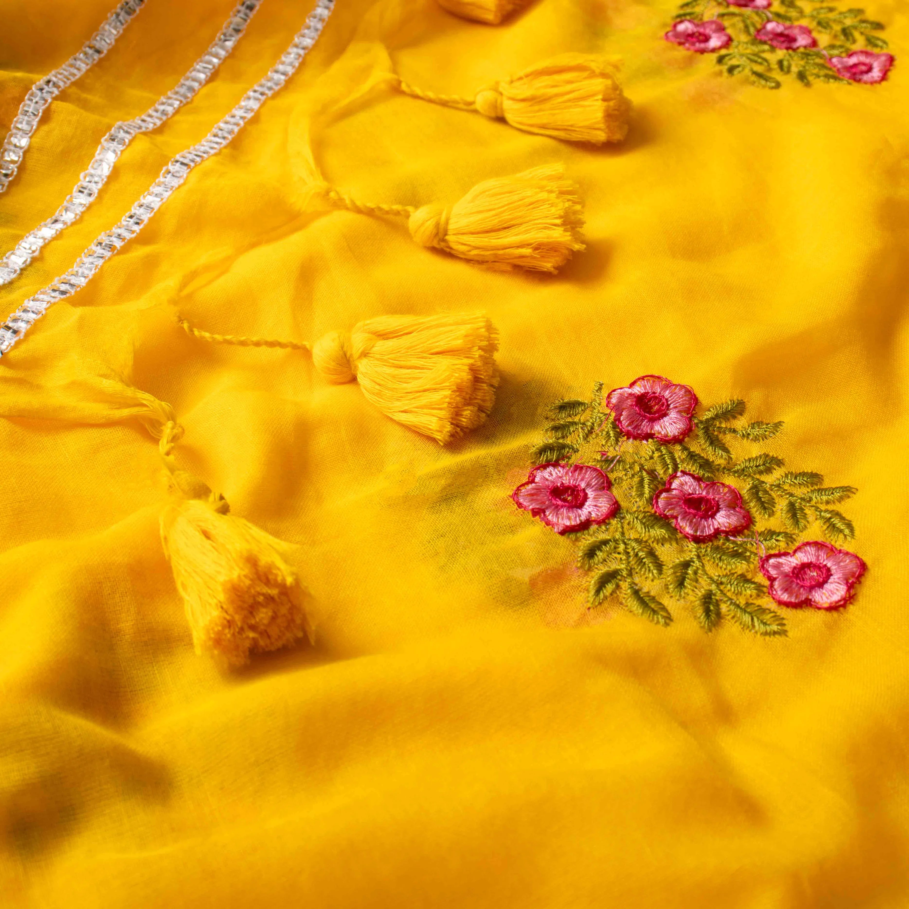Gentle Mul Cotton Saree in Marigold Yellow with Floral Embroidery